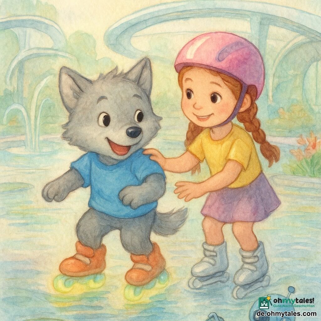 Ein kleiner anthropomorpher Wolf (kinderlich, graues weiches Fell, runde schwarze Augen) wirkt freudig überrascht und lacht, während er auf leuchtenden Magnetskates gleitet; ein etwa achtjähriges Mädchen mit glänzendem rosa Helm und geflochtenem Haar lächelt beruhigend, steht hinter ihm auf silbernen Schwebeskates und hält ihn an der Schulter; am Wasserufer sammelt ein kleiner rundlicher, hellblauer Wasserroboter mit ausfahrbarem Arm ein grünes Päckchen von einem Seerosenblatt; Schauplatz: futuristischer Wasserplatz mit flachen, irisierenden Becken, gebogenen Glasfontänen, durchsichtigen Luftschienen und bunten Uferpflanzen im weichen Spätvormittagslicht; Hauptsituation: der Wolf entdeckt die Magnetskates mit Hilfe des Mädchens, während der Roboter das treibende Päckchen bergt — dynamische, sichere Szene in pastellfarbenen, aquarellartig weichen Konturen.