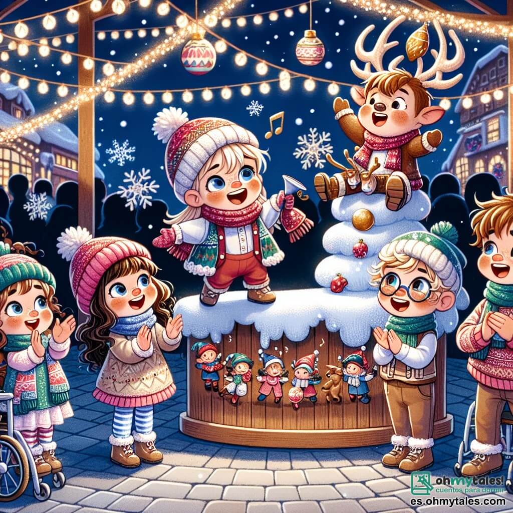 En un mágico mercado navideño, cinco niños están reunidos. Martina, una niña de seis años con un gorro rojo de lana, sostiene un reno de peluche y sonríe con asombro. A su lado, Ana, otra niña de seis años con cabello rizado y una bufanda azul, aplaude alegremente a los duendes que bailan. Pablo, un niño de seis años con gafas y un gorro verde, mira un árbol de Navidad que canta, con los ojos muy abiertos. Lucas, un niño de seis años con cabello rubio, juega con un tren de juguete que gira alrededor de una montaña de nieve de algodón. Finalmente, Leo, un niño de cinco años en una silla de ruedas decorada con luces brillantes, agita las manos con entusiasmo. El mercado de Navidad está iluminado por guirnaldas de colores vivos, con puestos de madera adornados con decoraciones festivas. Copos de nieve caen suavemente, cubriendo el suelo con un manto blanco. Los niños descubren juntos la magia de la Navidad, maravillados por las luces y sorpresas del mercado, compartiendo risas y momentos de alegría.