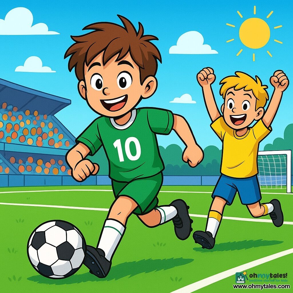 A young boy, Max, about 10 years old with messy brown hair and a bright smile, is wearing a green jersey with the number 10. He is in action on the football field, eyes shining with excitement, ready to dribble the ball. Next to him, his best friend Leo, also 10, has blonde hair and is wearing a yellow jersey. He encourages Max with a big smile, raising his arms in support. The field is vast with lush green grass, freshly painted white lines, and stands filled with enthusiastic supporters. The sky is blue with a few white clouds, and the sun is shining, illuminating the scene. Max is about to make a crucial decision: he looks at the ball at his feet, hesitating between passing to Leo or attempting a bold shot at the goal. The atmosphere is electrifying, full of energy and anticipation.