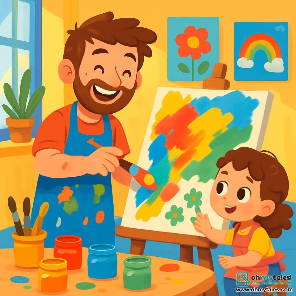 A man, Mr. Leo, stands in his bright art studio with a joyful smile on his face. He has messy brown hair, a light beard, and wears a bright blue apron stained with paint. He is painting a large colorful canvas, adding touches of yellow and red. Next to him, a five-year-old girl, Mia, with curly hair and sparkling eyes, is crouching down. She wears a small pink apron and uses her fingers to paint small green flowers on the canvas, looking at Mr. Leo with admiration. The studio is filled with natural light, vibrant colored walls, scattered paint pots, and messy brushes on a large wooden table. Colorful artworks hang on the walls, creating a joyful and inspiring atmosphere. The main scene shows Mr. Leo and Mia creating a vibrant painting together, laughing and sharing their passion for art, surrounded by an explosion of colors and creativity.