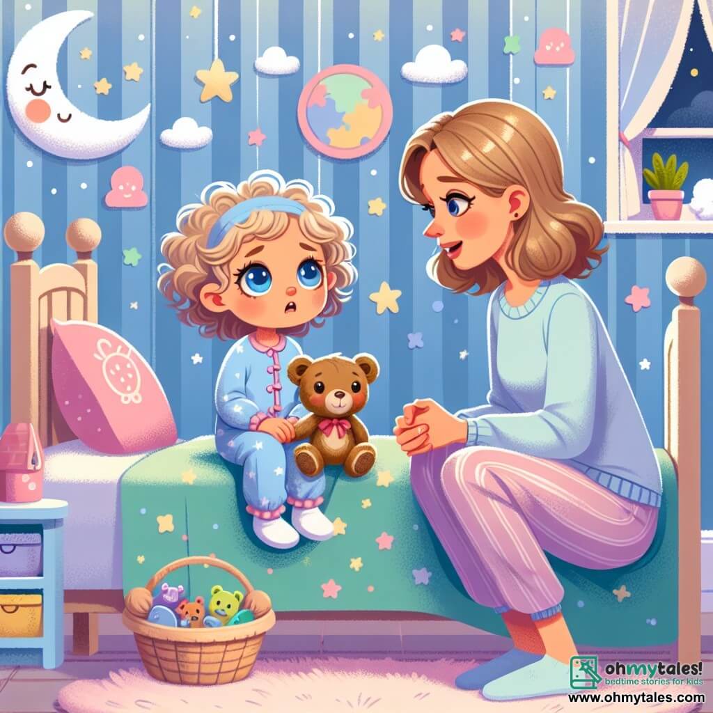 A 2-year-old girl named Lila, with curly blonde hair and big blue eyes, is sitting on her bed. She looks worried as she hugs her teddy bear, Teddy, a brown bear with a small red bow around its neck, who appears comforting. Next to her, her mother, a woman in her thirties with brown hair and a warm smile, is crouching down to talk to her. She wears soft pajamas and holds a nightlight that emits a gentle, soothing glow. The scene takes place in Lila's pastel-colored bedroom, decorated with star and cloud stickers, and a window allowing a soft moonlight glow. Toys are scattered on the floor, and a fluffy rug is under the bed. Lila, a bit scared of the dark, looks at her mother with hope as she sings a gentle lullaby to reassure her. The light from the lamp creates a warm atmosphere, contrasting with the darkness surrounding the room.