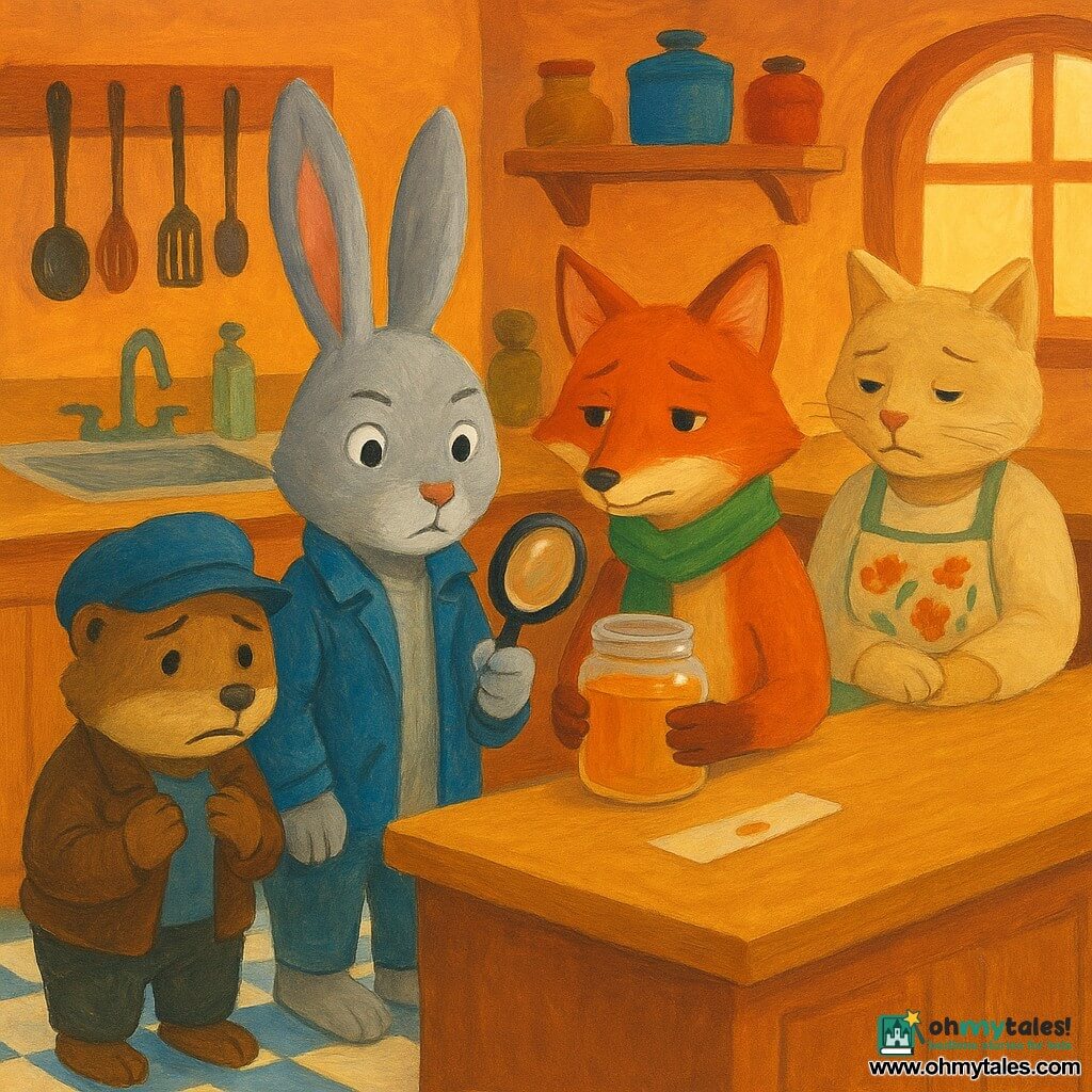 A light-gray anthropomorphic rabbit protagonist with large upright ears and a curious, determined but kind expression wears a worn blue jacket and holds a magnifying glass in his right paw, standing at the center of a community center kitchen in an investigator pose; to his right, Rowan, a tall slender red-furred fisher-fox with a green scarf and a sheepish but relieved face, holds a small jar of golden honey against her chest near the counter; to his left, Pip, a young brown-spotted badger wearing a blue cap, looks anxious and repentant while clutching his cap near the sink; behind the counter, Mrs. Tansy, a gentle beige cat and bee vendor with tired but calm eyes and a floral apron, rests a hand on the jar with a protective gaze; the kitchen has white-and-blue tiled floors, a light wood countertop, a stainless sink with colorful towels, utensils on the wall, and a small window letting in warm late-afternoon light; the scene is a calm confrontation and repair focused on the small shiny jar of honey on the counter, a test strip and a trail of honey droplets, with an atmosphere of warmth, resolution, and forgiveness.