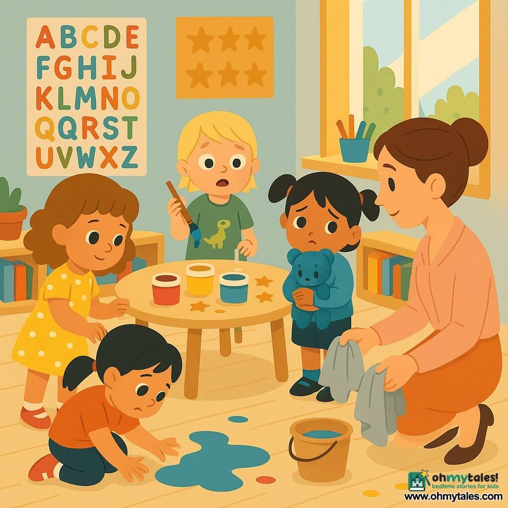There are five characters: Mia, a ~5-year-old girl with curly chestnut hair in a yellow polka-dot dress standing left of the table with one hand on the paint lid; Sara, a ~5-year-old girl with dark straight hair in a ponytail and pink shoes crouched by the blue paint spill, hands near the puddle as if she tried to wipe it; Emily, a ~5-year-old girl with short blonde hair wearing a green T‑shirt with a small dinosaur, standing behind the table with wide eyes holding a trembling paintbrush; Zoe, a ~5-year-old girl with black pigtails in a blue sweater clutching a blue teddy to her chest at the right of the table, looking toward the adult; and Ms. Lily, the adult teacher with brown hair in a bun wearing a pastel smock, kneeling with towels and a small bucket, calm and gentle. Setting: a bright cozy classroom with a light wooden floor stained with paint splatters, a small round wooden table under a warm window, low shelves with colorful books and pencil pots, and alphabet posters with gold star stickers on the wall. Main situation: the girls opened a shiny paint box and a blue puddle spilled on the floor; they confess to the teacher who helps them clean up with towels while a few gold stars and brushes lie on the table.