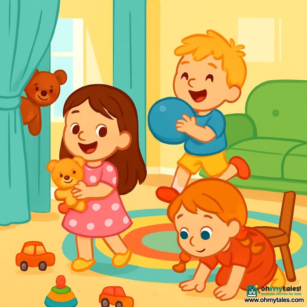 There are 3 characters: Mia, a 5-year-old girl with long brown hair, wearing a pink dress with white polka dots, holding a soft teddy bear and smiling joyfully; Leo, a 4-year-old boy with messy blonde hair, wearing a blue t-shirt and yellow shorts, jumping with a blue balloon in his hands; and Lily, a 5-year-old girl with braided red hair, dressed in a red dress, crouching and looking curiously under a chair. The setting is a bright and welcoming living room with a large comfy sofa, a colorful rug, and toys scattered on the floor. Large windows let in sunlight, illuminating the pastel yellow walls. The main scene shows the three friends playing detectives, searching for Mia's teddy bear hidden behind the curtains, all focused and amused, with expressions of surprise and joy on their faces.