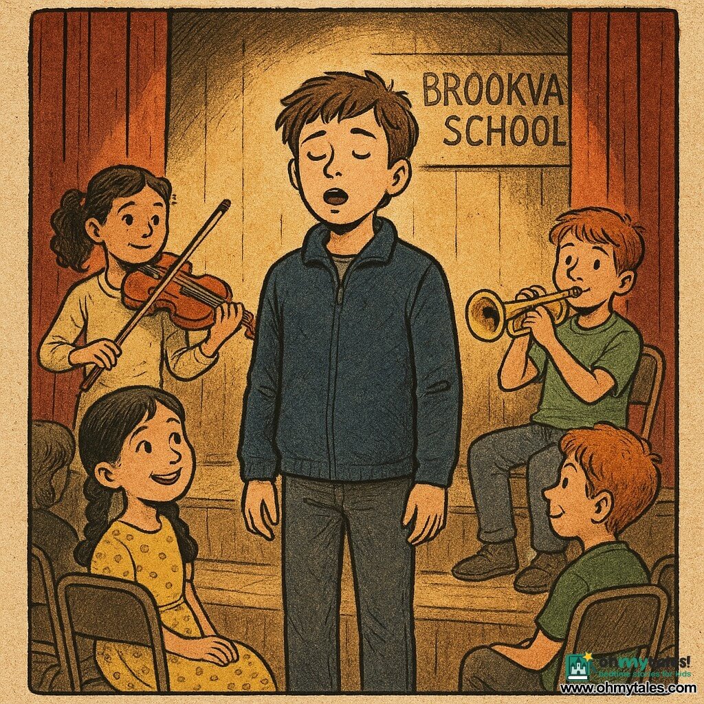 A teenage boy, about 13, the main character, soft focused face, tousled brown hair, navy wool jacket, singing gently with mouth on a held note, standing straight with relaxed hands, calm but slightly nervous (attentive gaze); Mina, about 8, his little sister, black pigtails, yellow polka-dot dress, seated front-row watching him with a big admiring smile; Nia, about 13, pale-skinned violinist with tied curly hair in semi-formal clothes, standing slightly behind left, holding her violin ready and giving an encouraging look; Toby, about 12, red-haired trumpeter in a green T-shirt, seated right on stage with mouth near the mouthpiece, playful but focused expression. The small school stage has light wood walls, an open burgundy curtain, metal music stands and rows of chairs, warm spotlight halos with visible dust motes, shiny instruments (varnished violin, brass trumpet, silver flutes) ready, and a hand-painted "Brookvale School" sign. Mood: warm nighttime concert moment before the singer begins. Dominant colors: warm ochres, burgundy and wood, with touches of blue and yellow; texture like newsprint, slightly thick contrasted lines for a child-friendly illustrative look. Visual style: ink and watercolor with paper grain, crisp outlines, tenderly exaggerated expressions, composition centered on the boy with musicians arranged in a semicircle.