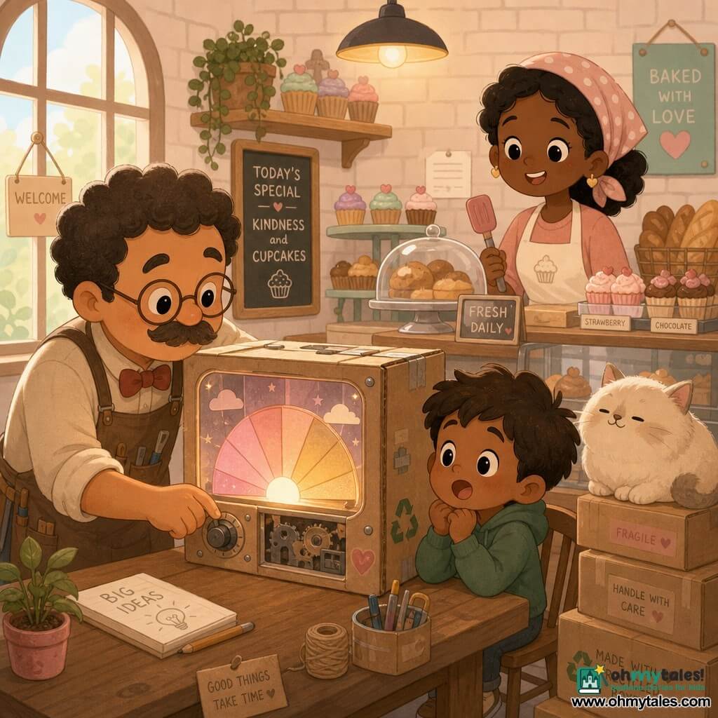 Inventor man with a round face and soft mustache, joyful and focused, turns a small knob on a luminous cardboard box on a table; a ~6-year-old boy with tousled hair and wide-eyed wonder sits nearby watching the light; an adult woman baker with hair tied under an apron and a warm smile stands behind the counter holding a spatula; a round fluffy cream cat naps on a stack of boxes; the recycled-cardboard invention has a clear plastic window, a colorful paper wheel (pink, peach, gold) and visible small metal parts; the cozy bakery has light brick walls, shelves of cupcakes and bread, warm lighting and stacked boxes, and the scene captures the magical moment the box cycles from soft pink to peach to gold like a miniature sunrise.