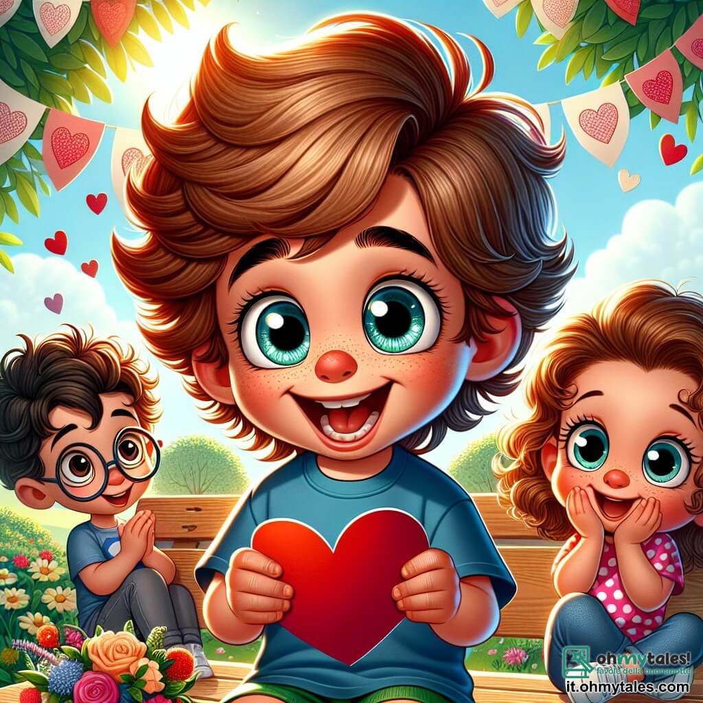 Un ragazzo di 6 anni, di nome Luca, con capelli castani arruffati e occhi brillanti di curiosità, tiene in mano una lettera rossa a forma di cuore. Sorride ampiamente, pieno di eccitazione e innocenza, mentre è seduto su una panchina di legno nel parco. Accanto a lui, il suo amico Marco, un ragazzo di 6 anni con capelli biondi e occhiali rotondi, guarda la lettera con meraviglia. Indossa una maglietta blu e pantaloni corti verdi, sembrando pronto a saltare di gioia. Poco più in là, Sofia, una ragazza di 6 anni con lunghi capelli ricci e un vestito rosa a pois, si avvicina con un sorriso caloroso, tenendo un mazzo di fiori colorati. Il luogo è un parco soleggiato, pieno di fiori vivaci e alberi verdi, con cuori di carta appesi ai rami per celebrare San Valentino. I bambini giocano sullo sfondo e palloncini fluttuano nel cielo blu. La scena principale mostra Luca, Marco e Sofia riuniti attorno alla lettera, condividendo un momento di gioia e amicizia mentre scoprono insieme il mistero del mittente della lettera d'amore.