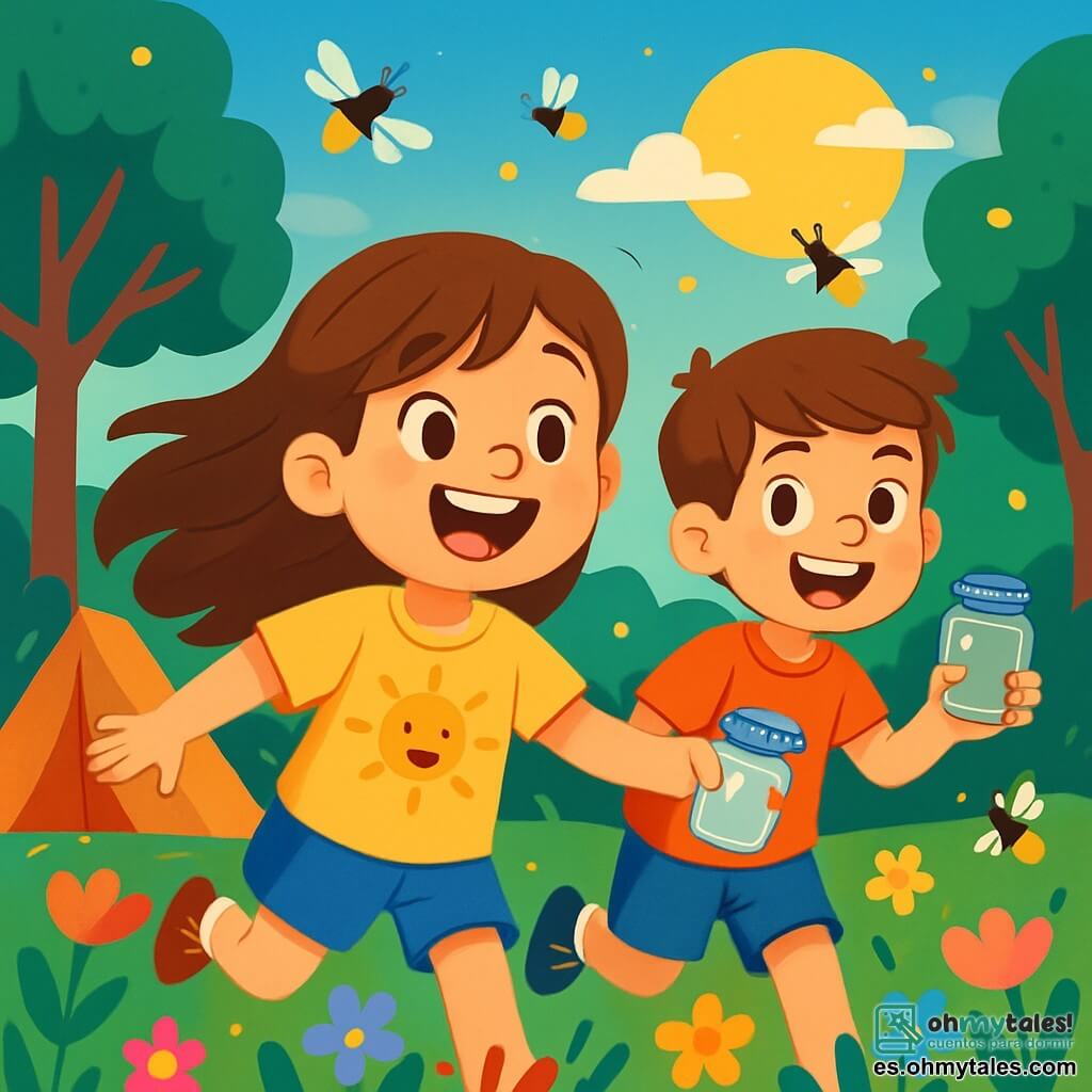 Una niña de 8 años, Lucía, con largos cabellos castaños y ojos brillantes de alegría, lleva una camiseta amarilla brillante con un sol sonriente. Está corriendo en un campo de flores coloridas, su rostro radiante de emoción y felicidad. A su lado, su primo Marcos, un niño de 9 años con cabello castaño y una gran sonrisa, sostiene una pequeña botella de plástico para atrapar luciérnagas. Su entorno es un hermoso campamento de verano, rodeado de grandes árboles verdes, un cielo azul brillante y una suave luz dorada del sol poniente. Las luciérnagas brillan a su alrededor, creando una atmósfera mágica y encantadora. La escena principal muestra a Lucía y Marcos en plena caza de luciérnagas, riendo y corriendo juntos, llenos de una alegría contagiosa.