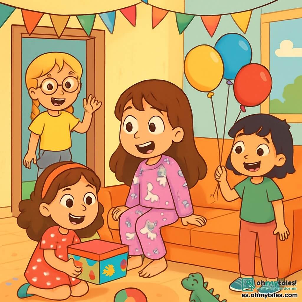 Hay 4 niños: - Martina: una niña de 8 años con cabello largo castaño y ojos brillantes. Lleva un pijama rosa con motivos de unicornios y está sentada en el sofá, con aire sorprendido. - Sara: una niña de 8 años con trenzas rubias y gafas redondas. Lleva una camiseta amarilla y un short de mezclilla, y está de pie cerca de la puerta, sonriendo y saludando. - Lucía: una niña de 8 años con cabello rizado castaño y una diadema roja. Lleva un vestido de lunares y está agachada, sosteniendo una caja de pasteles decorada con colores vivos. - Valentina: una niña de 8 años con cabello negro y corto, lleva una camiseta verde y pantalones rosas. Está de pie junto a Lucía, sosteniendo globos coloridos que flotan en el aire. El lugar es la sala de la casa de Martina, decorada con paredes en tonos pastel y un gran sofá cómodo. Hay juguetes esparcidos por el suelo y una ventana que deja entrar la luz del sol, iluminando guirnaldas de colores colgadas del techo. La situación principal muestra a Martina, sorprendida y feliz, rodeada de sus amigas que le han hecho una sorpresa de cumpleaños. Los niños ríen y se divierten, creando un ambiente alegre y festivo.