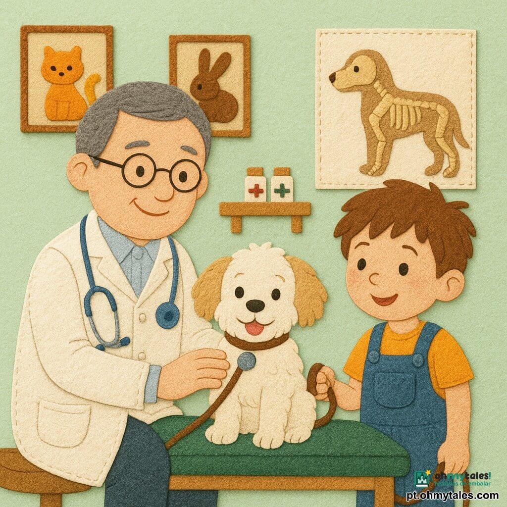 O veterinário Dr. Pedro, sorridente e gentil, rosto redondo com óculos finos e cabelos grisalhos curtos, veste jaleco branco e estetoscópio azul, ajoelhado ouvindo o coração do cão com a mão no flanco; o menino Lucas, cerca de 6 anos, cabelos castanhos bagunçados, sorriso maravilhado, camiseta amarela e jardineira azul, segura a coleira à direita do veterinário; o pequeno cão Bolinha, branco e bege, pelo fofo e olhos redondos brilhantes, sentado sobre uma mesa de exame verde com a língua de fora, confiante; a sala é clara, paredes verde-pastel, pôsteres coloridos de animais em appliqué, prateleira de madeira com caixas de remédios ilustradas e grande pôster de anatomia animal estilizada; cena transmite um exame suave e reconfortante com gestos calmos, olhares cúmplices e texturas costuradas visíveis (tecidos, botões, pespontos).