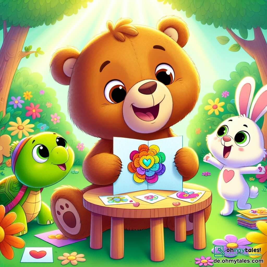 Bruno, ein weicher und kuscheliger Teddybär mit hellbraunem Fell und funkelnden Augen, sitzt an einem kleinen Holztisch, umgeben von bunten Karten, die er für den Muttertag gestaltet hat. Er lächelt breit und hält eine Karte mit einer großen, bunten Blume, strahlend vor Aufregung und Liebe. Neben ihm sitzt Tilly, eine niedliche grüne Schildkröte mit glänzendem Panzer und neugierigen Augen, die die Karte bewundernd betrachtet, ihr Gesicht erhellt von einem warmen Lächeln. Etwas weiter springt Henri, ein kleiner weißer Hase mit großen Ohren, vor Freude, seine Augen glänzen bewundernd für Brunos Arbeit. Die Szene spielt in einer charmanten Ecke des Zauberwalds, wo bunte Blumen um sie herum blühen und Sonnenstrahlen durch die Blätter der Bäume filtern, was eine magische und fröhliche Atmosphäre schafft. Bruno zeigt stolz seine Karten seinen Freunden und teilt Liebe und Kreativität, um den Muttertag in einer Atmosphäre von Kameradschaft und Glück zu feiern.