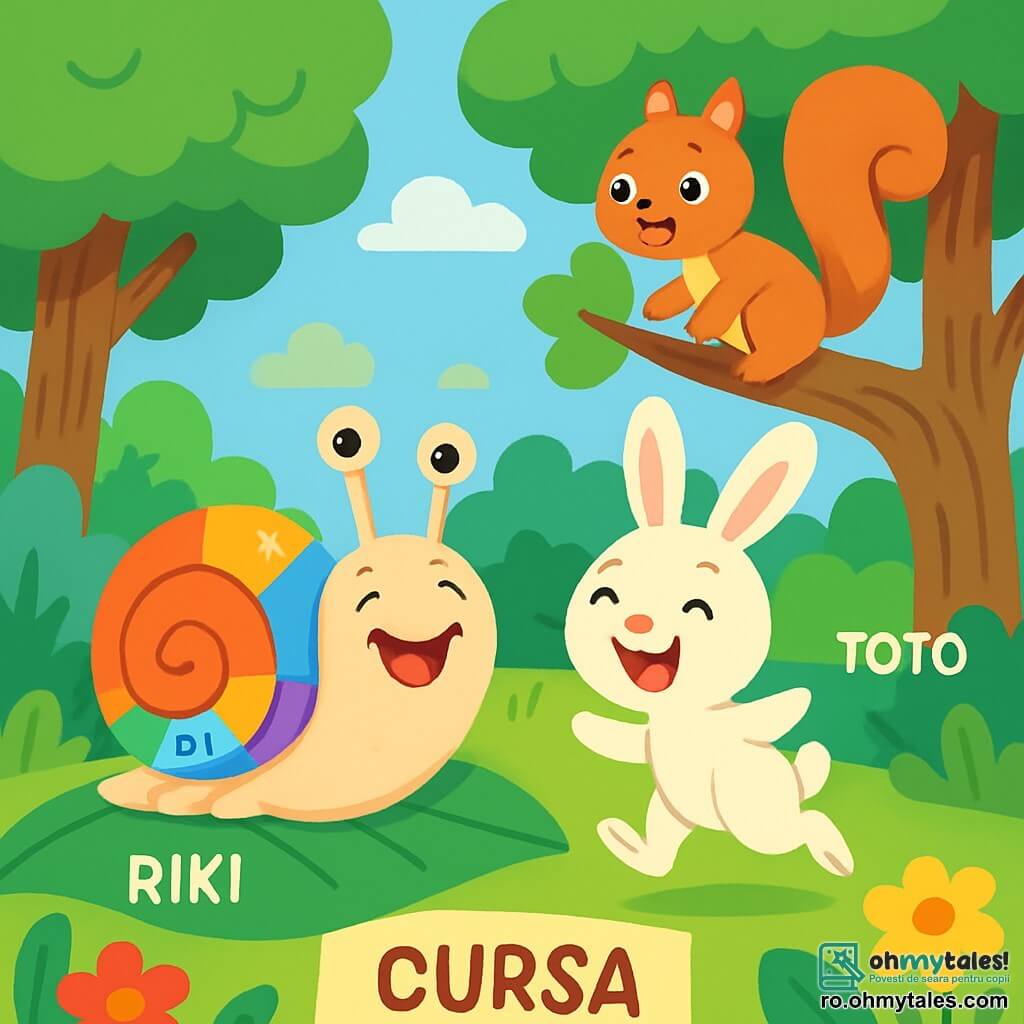 Un melc pe nume Riki, cu o cochilie strălucitoare și colorată, se deplasează încet pe o frunză verde, având un zâmbet mare și vesel. Ochii săi sunt mari și strălucitori de curiozitate, și pare foarte amuzat de situație. Lângă el, un iepuraș pe nume Toto, cu blană albă și urechi lungi, sare vesel râzând, pregătit să participe la cursă. Mai departe, o veveriță roșie pe nume Lina se cațără pe o ramură, observând scena cu un aer jucăuș. Decorul este o pădure fermecată, plină de copaci majestuoși cu frunze strălucitoare și flori colorate care dansează în vânt. Situația principală arată cum Riki și prietenii săi participă la o cursă amuzantă și lentă, râzând și distrându-se împreună în această frumoasă natură.