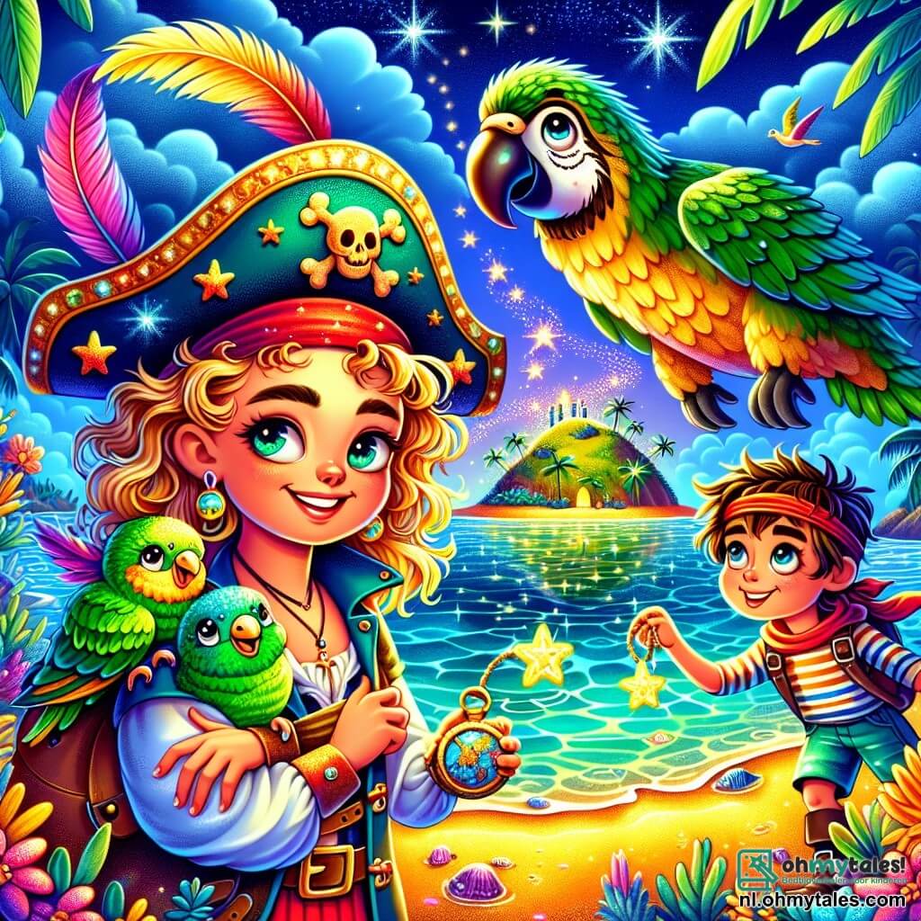 Kapiteine Nova, een dappere vrouw met krullend, goudkleurig haar, draagt een piratenhoed versierd met kleurrijke veren. Ze heeft een vastberaden glimlach en sprankelende ogen terwijl ze het mysterieuze eiland in de verte bekijkt. Naast haar zit de grappige papegaai Piko, met groene en gele veren, op haar schouder en roept vrolijk. Een jonge matroos, Bram, ongeveer 10 jaar oud, met ruw bruin haar en een rode bandana, staat naast haar en houdt een schatkaart vast met glinsterende sterren erop.

De achtergrond is een levendig zee-landschap, met glinsterende golven onder de zon, en een groen eiland dat uit de mist oprijst, omringd door palmbomen en kleurrijke bloemen. In het midden van het eiland rust een enorme zeeschildpad met een glanzende schild en kleurrijke patronen op het gouden zand.

De belangrijkste situatie toont Kapiteine Nova en haar piratenbende die het mysterieuze eiland ontdekken, klaar om te verkennen en het mysterie van de gigantische schildpad op te lossen dat hen misschien naar de legendarische schattenjacht leidt.