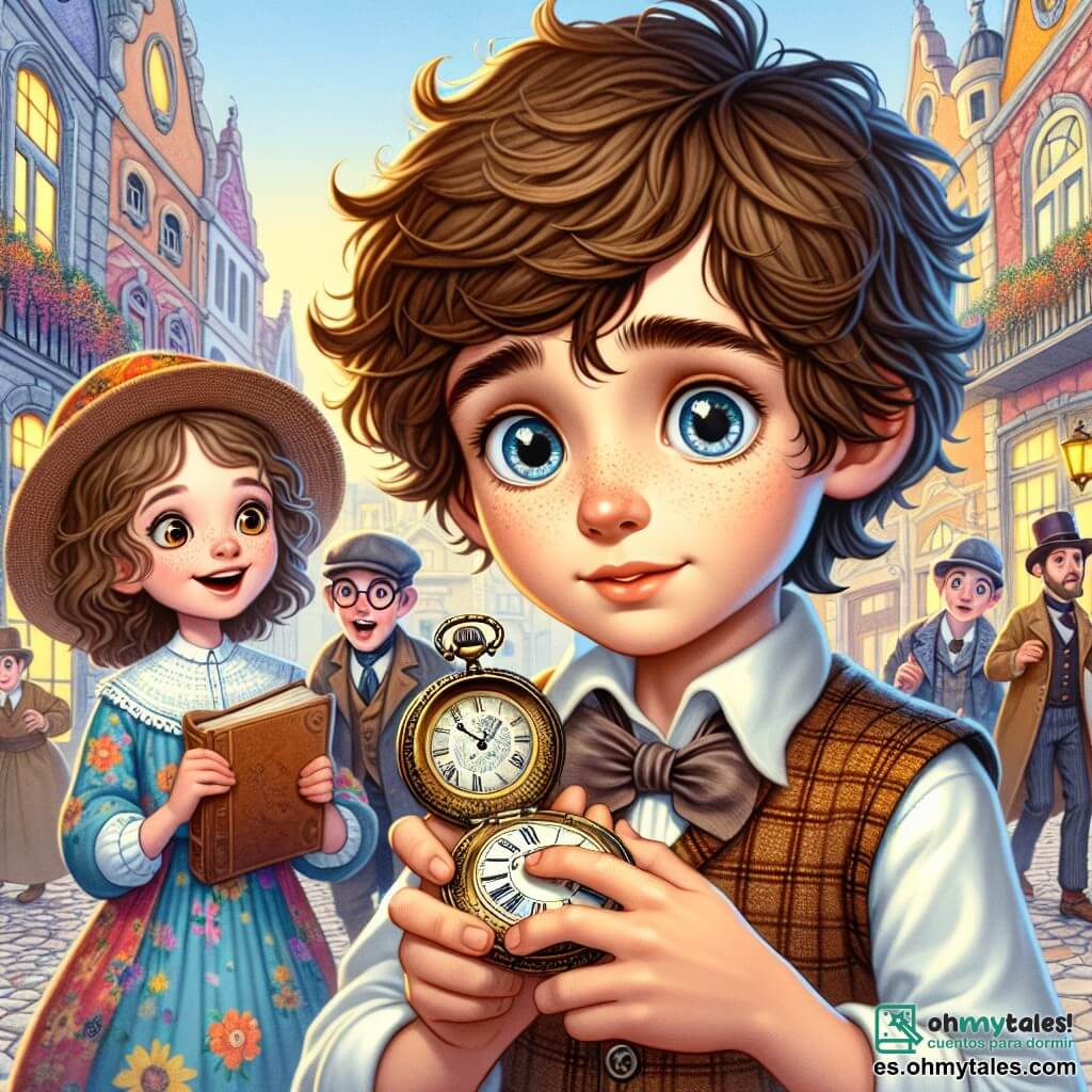 Un chico de 11 años, Lucas, con cabello castaño desordenado y ojos brillantes de curiosidad, se encuentra en el centro de la imagen, sosteniendo un antiguo y brillante reloj despertador de bolsillo en sus manos. Su rostro expresa asombro y emoción mientras mira a su alrededor, como si hubiera descubierto un tesoro escondido. A su derecha, Ana, una niña de 10 años con cabello rizado y ojos vivos, sonríe alegremente, vestida con un vestido colorido con estampados florales. A la izquierda, Tomás, un chico de 12 años con gafas redondas y cabello castaño, observa el reloj con concentración, sosteniendo un cuaderno en una mano y un lápiz en la otra. El escenario es una antigua plaza europea del siglo XIX, con adoquines de piedra, edificios de fachadas coloridas y balcones florecidos. La situación principal muestra a Lucas, Ana y Tomás reunidos alrededor del misterioso reloj, simbolizando el inicio de su aventura de viaje en el tiempo, mientras una luz brillante emana del objeto, iluminando sus rostros asombrados.