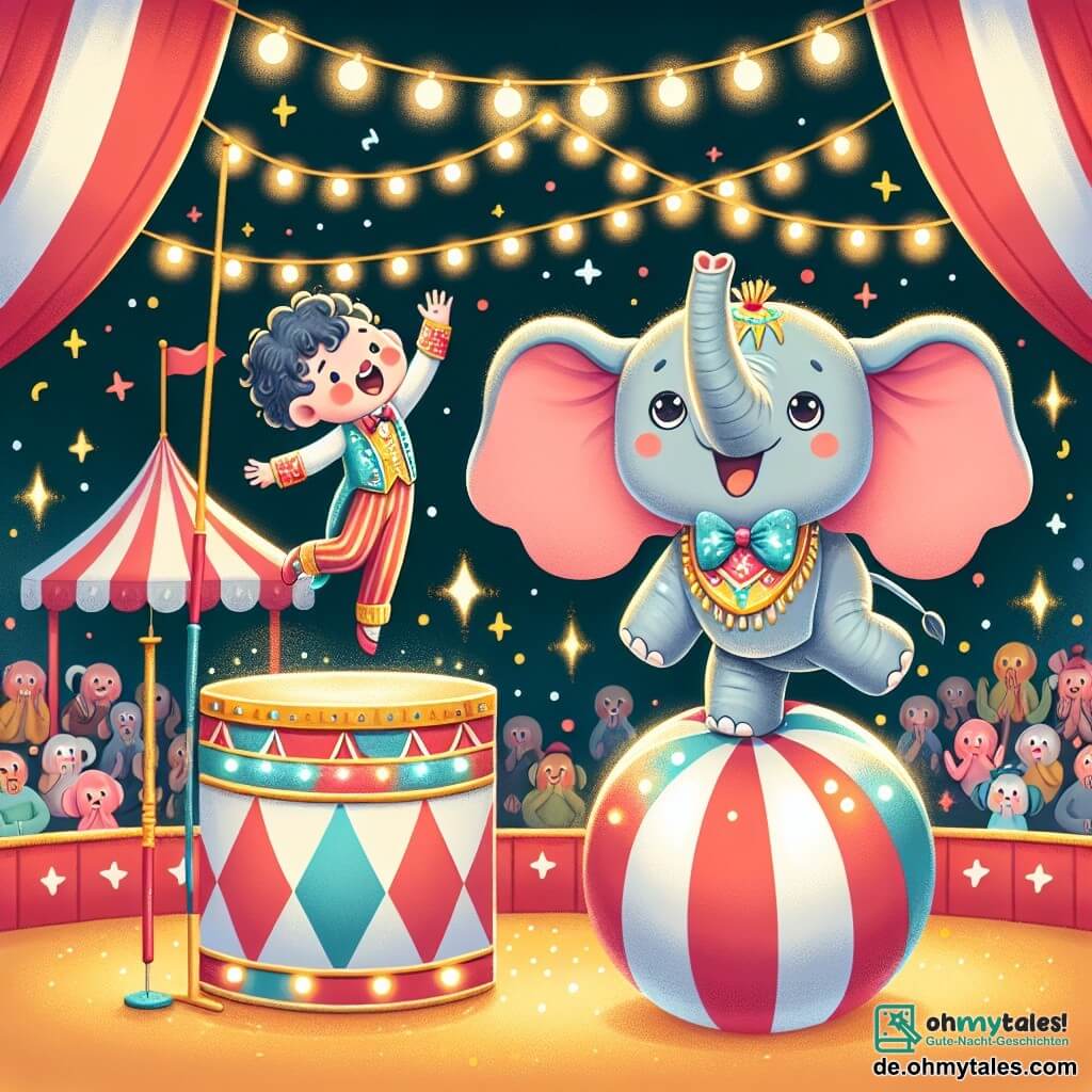 Ein kleiner Elefant mit großen rosa Ohren und grauer Haut, der mit strahlendem Lächeln voller Freude auf einem großen bunten Ball springt, unter einem Zirkuszelt voller funkelnder Lichter. In der Nähe applaudiert ein agiler Trapezkünstler in einem glänzenden, bunten Kostüm, mit lockigem Haar und bewunderndem Blick, während er sich an einer horizontalen Stange schwingt. Das Zirkuszelt ist mit roten und weißen Streifen dekoriert, mit leuchtenden Girlanden, und der Boden ist mit goldenen Glitzer und buntem Konfetti bedeckt. Die Hauptsituation zeigt den kleinen Elefanten, der voller Entschlossenheit und Glück einen beeindruckenden akrobatischen Sprung macht und die Aufmerksamkeit aller bewundernden Zuschauer auf sich zieht.