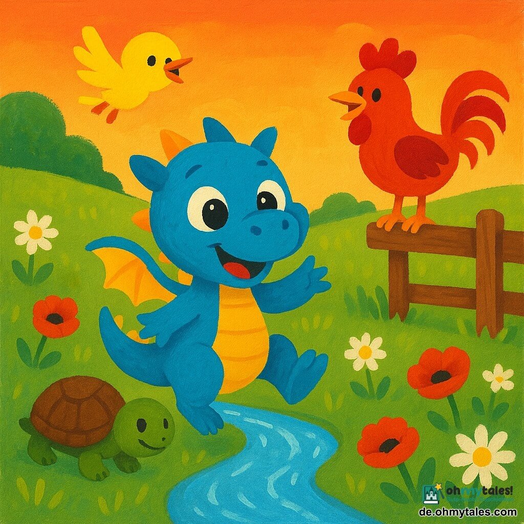 Ein kleiner Drache namens Flitzi, fröhlich und neugierig, mit glänzenden blauen Schuppen, runden Augen und kurzen Flügeln, springt vergnügt am Ufer eines glitzernden Bachs; rechts auf einem Holzzaun sitzt ein stolzer roter Hahn und ruft zum Spiel; links bewegt sich eine langsame, sanfte Schildkröte mit brauner Panzerung; ein winziges gelbes Vögelchen zwitschert über der Gruppe; Blumenwiese mit Gänseblümchen und Mohn, sanfter Hügel im Hintergrund, orangener Sonnenuntergang, warme sichere Stimmung, leuchtende Farben, einfache Formen, weiche Konturen und sichtbare Acrylstruktur.