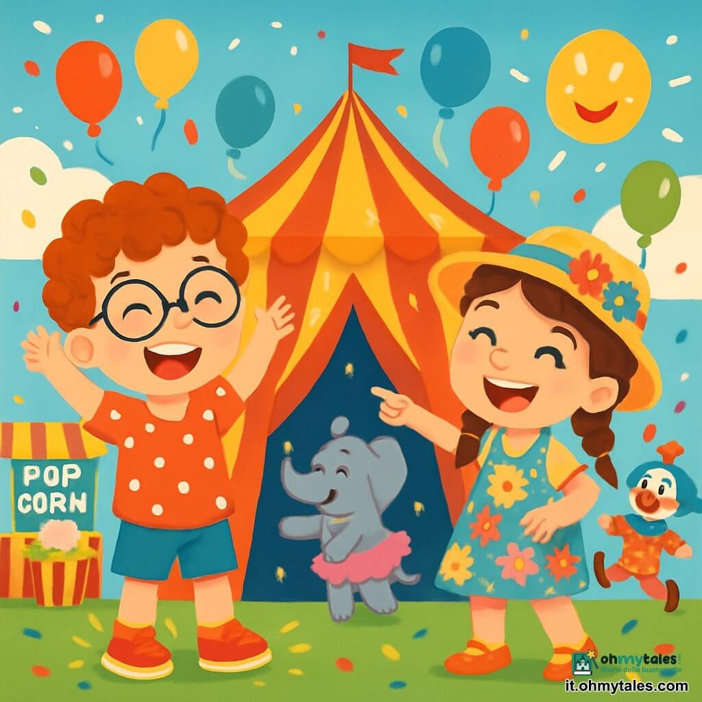Ci sono 2 personaggi principali: Leo, un ragazzo di 6 anni con capelli ricci e occhiali tondi, indossa una maglietta rossa a pois bianchi e scarpe luminose. È in piedi con le braccia alzate e un grande sorriso. Giulia, una ragazza di 6 anni con trecce e un vestito a fiori colorati, ha occhi scintillanti e un cappello di paglia decorato con fiori. È accanto a Leo, ridendo, con una mano sui fianchi e l'altra che punta verso il circo. La scena principale si svolge in un grande circo all'aperto, con un enorme tendone a strisce rosse e gialle che brilla al sole. Palloncini colorati fluttuano nell'aria e si vedono chioschi di dolci come popcorn e zucchero filato. Sullo sfondo, elefanti in tutù e clown ridono, creando un'atmosfera festosa. La situazione principale mostra Leo e Giulia, meravigliati, mentre scoprono il circo, circondati da coriandoli e luci scintillanti, mentre un clown goffo fa pirouette e animali colorati danzano intorno a loro.