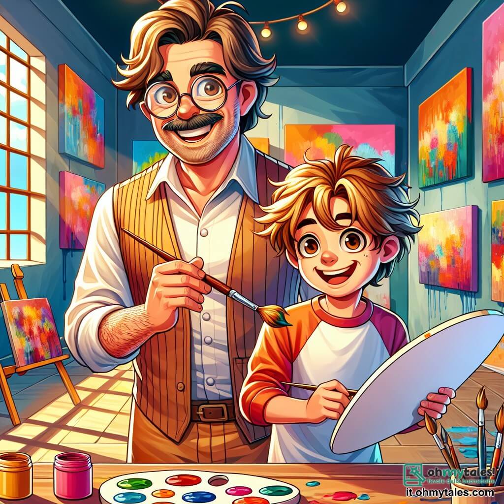 Un uomo, Leonardo, è un artista di una cinquantina d'anni, con capelli castani leggermente brizzolati, occhiali rotondi e un sorriso caloroso. È in piedi nel suo studio luminoso, circondato da tele colorate, con un pennello in una mano e una tavolozza di colori vivaci nell'altra, il suo viso radioso di entusiasmo e benevolenza. Accanto a lui c'è un ragazzo di nome Marco, di circa 10 anni, con capelli castani disordinati e occhi brillanti di curiosità. È concentrato su una tela bianca, tenendo un pennello con determinazione, mentre un sorriso di gioia illumina il suo viso. Lo studio è un ampio spazio accogliente, con pareti coperte di dipinti vivaci, raggi di luce che filtrano attraverso grandi finestre e barattoli di vernice sparsi su un tavolo di legno. Pennelli di diverse dimensioni sono disposti in disordine, aggiungendo un tocco artistico all'atmosfera. La scena principale mostra Leonardo che guida Marco nella creazione di un'opera d'arte, mentre mescolano i colori sulla tavolozza. Marco, con uno sguardo meravigliato, inizia a dipingere un paesaggio vibrante, mentre Leonardo lo incoraggia con un sorriso, creando un'atmosfera di creatività e amicizia.