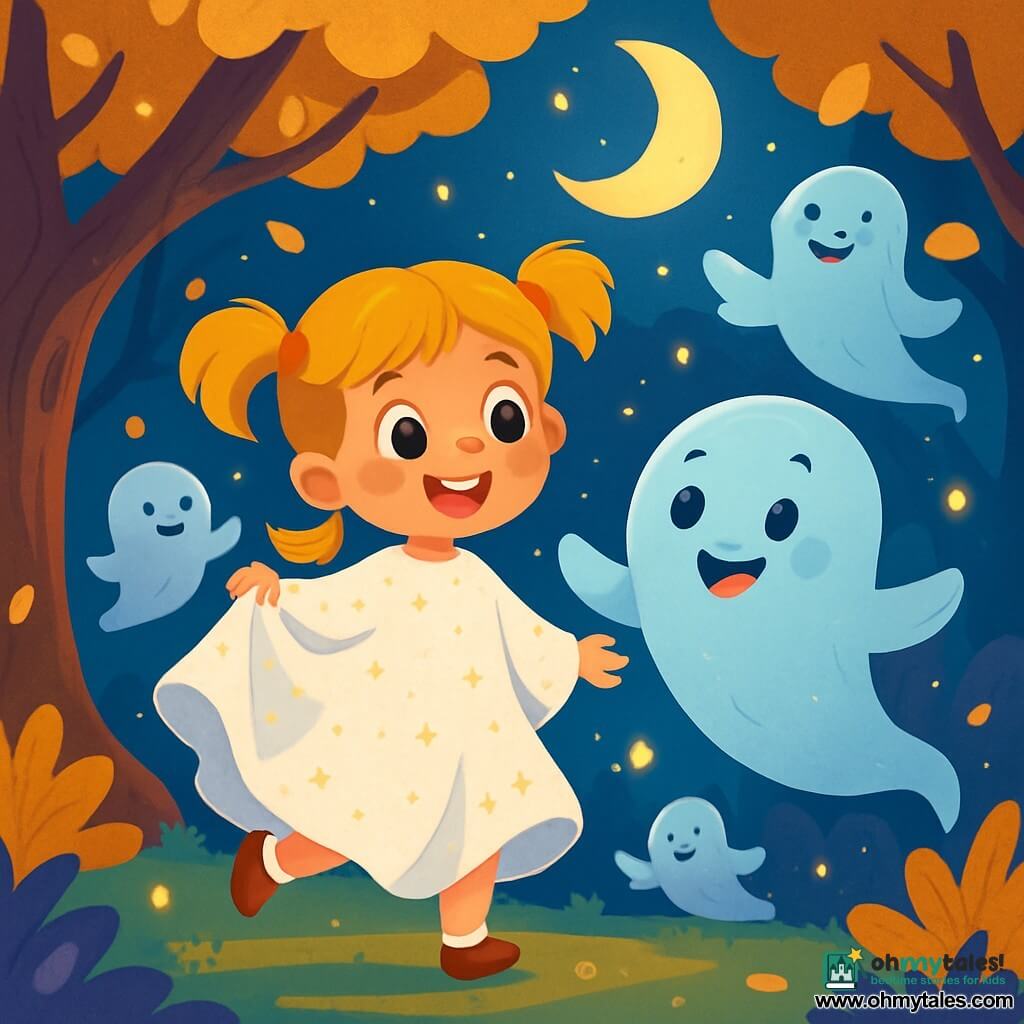 A 6-year-old girl named Lily, with big sparkling eyes and golden pigtails, is wearing a ghost costume made of a white sheet decorated with glitter. She has an amazed smile on her face, joyfully dancing in a magical clearing. Next to her, a friendly translucent ghost, floating with a warm smile, has twinkling eyes and open arms, as if inviting her to play. The setting is an enchanted forest, with twisted tree trunks and gently falling golden leaves, illuminated by moonlight shining through the branches. Fireflies sparkle around them, adding a touch of magic to the scene. Lily and the ghost dance together, surrounded by joyful laughter, while other friendly ghosts join them, creating a festive and happy atmosphere.