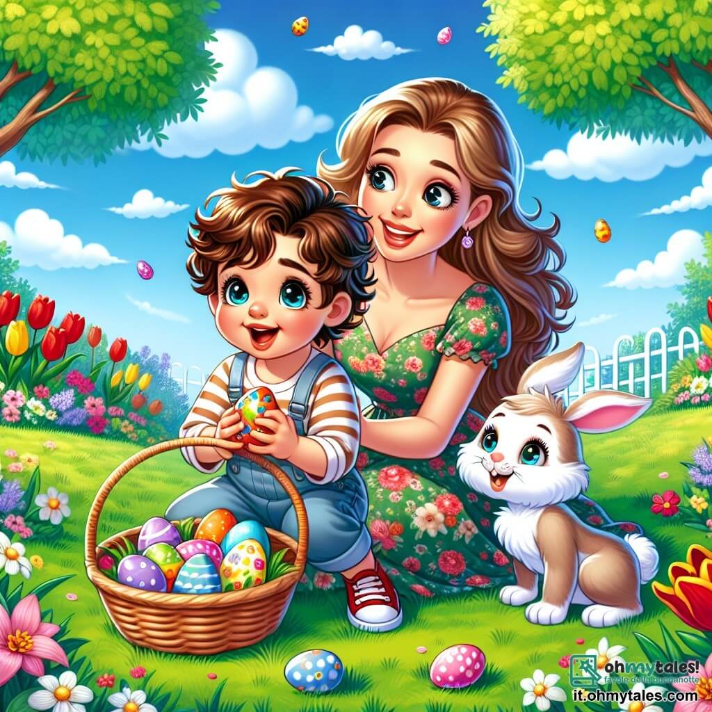 Un bambino di 2 anni, di nome Luca, con grandi occhi brillanti e capelli castani ricci, è seduto sull'erba verde del giardino, con un ampio sorriso sul viso. Tiene un cesto di vimini pieno di uova di Pasqua colorate, le sue guance rosa tradiscono la sua eccitazione. Accanto a lui, la sua mamma, una donna di circa 30 anni con lunghi capelli biondi, indossa un vestito a fiori e guarda Luca con tenerezza, ridendo gioiosamente. È inginocchiata, pronta ad aiutarlo nella sua ricerca. Un coniglietto con grandi orecchie, dal pelo bianco e occhi scintillanti, si trova proprio davanti a Luca, incoraggiandolo a cercare altre uova nascoste nel giardino. Il giardino è pieno di fiori brillanti, tulipani rossi e narcisi gialli, sotto un cielo azzurro chiaro punteggiato di nuvole bianche e soffici. Alberi verdi circondano lo spazio, creando un'atmosfera gioiosa e festosa. La scena principale mostra Luca, meravigliato, mentre scopre un uovo di cioccolato nascosto sotto un cespuglio, mentre la mamma e il coniglietto lo osservano con entusiasmo, condividendo questo momento magico della caccia alle uova di Pasqua.