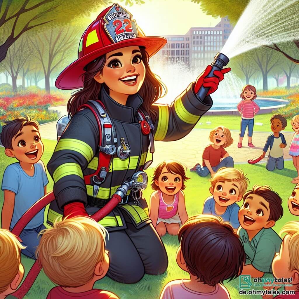 Eine junge Frau, Lisa, lächelt und ist voller Energie. Sie trägt eine glänzende rote Feuerwehrjacke und einen Helm. Ihre Augen funkeln vor Aufregung, während sie einem Gruppe von Kindern einen großen Schlauch zeigt. Neben ihr hört ein kleiner Junge namens Ben, 6 Jahre alt, mit zerzausten braunen Haaren und einem blauen T-Shirt, aufmerksam zu, seine Augen sind vor Neugier weit geöffnet. Im Hintergrund ein sonniger Park mit grünen Bäumen und bunten Blumen, wo Kinder fröhlich spielen. Die Szene zeigt Lisa, die erklärt, wie Feuerwehrleute den Menschen helfen, mit enthusiastischen Gesten und einem großen Lächeln.
