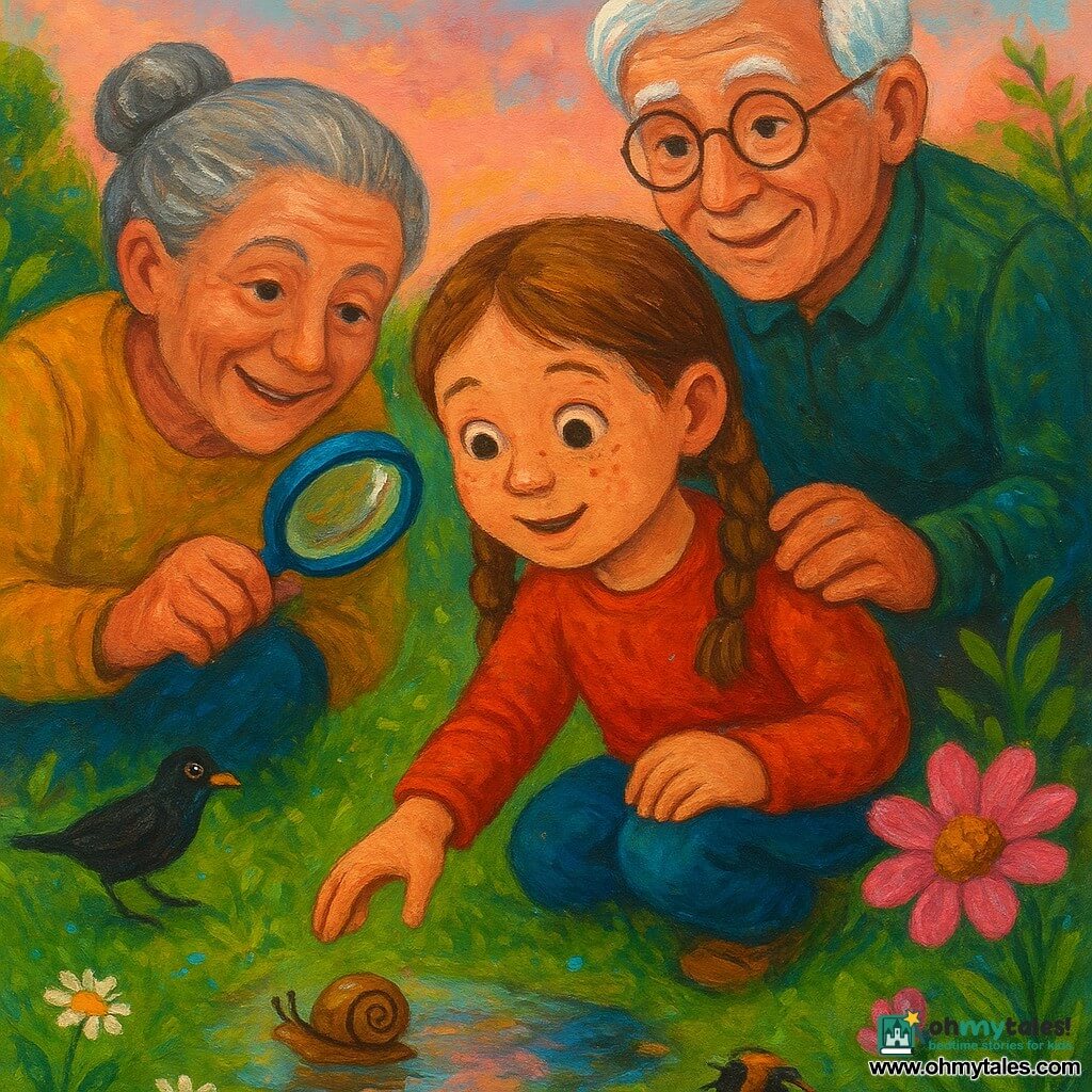 Mila, a 6-year-old girl with a round freckled face and light brown hair in two braids, kneels on wet grass reaching toward a small snail at the edge of a puddle; to her left her gray-haired grandmother crouches, smiling and holding a small blue magnifying glass over the snail, while behind her a white-haired grandfather with round glasses rests a hand on her shoulder, protective and joyful; a spring garden after rain with shiny green grass, dew on leaves, small yellow and white daisies, puddles reflecting a pink evening sky, a glossy-shelled snail, an orange-and-black bumblebee by a pink flower and a blackbird hopping in the background, soft late-afternoon light, saturated colors, textured brushstrokes and pearly reflections in the drops, composition centered on the meeting between the girl and the snail.