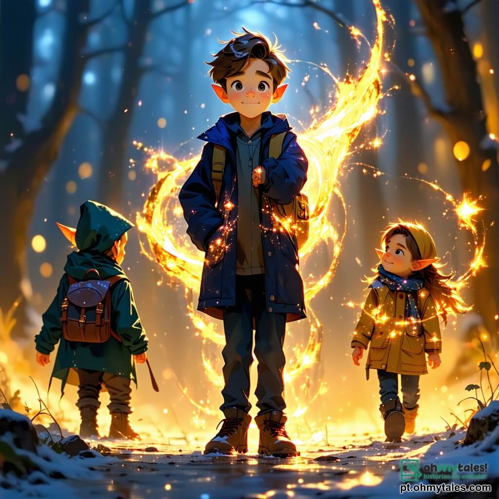 Um garoto de 10 anos, Lucas, está no centro da imagem, com cabelos castanhos bagunçados e olhos brilhantes de determinação. Ele usa um casaco azul escuro e uma mochila colorida, com as mãos levantadas em direção a uma fonte mágica que brilha intensamente à sua frente, iluminando seu rosto com um brilho dourado. Ao seu lado, Estela, uma elfa de cabelos prateados e orelhas pontudas, com cerca de 12 anos, também levanta as mãos para a fonte, seu rosto radiante de esperança e magia. Um pouco atrás, Tomás, um troll forte de cerca de 14 anos, com pele verde e olhos suaves, observa com um olhar protetor, pronto para defender seus amigos. A cena acontece em um parque central, cercado por árvores majestosas com folhas cintilantes, onde uma velha fonte de pedra emite uma luz mística. Criaturas fantásticas, como fadas e grifos, voam ao redor, adicionando um toque de magia à atmosfera. A situação principal mostra Lucas e seus amigos unidos, concentrados na fonte mágica que pulsa de energia, enquanto enfrentam um basilisco ameaçador que emerge das sombras, pronto para perturbar a paz de sua cidade.