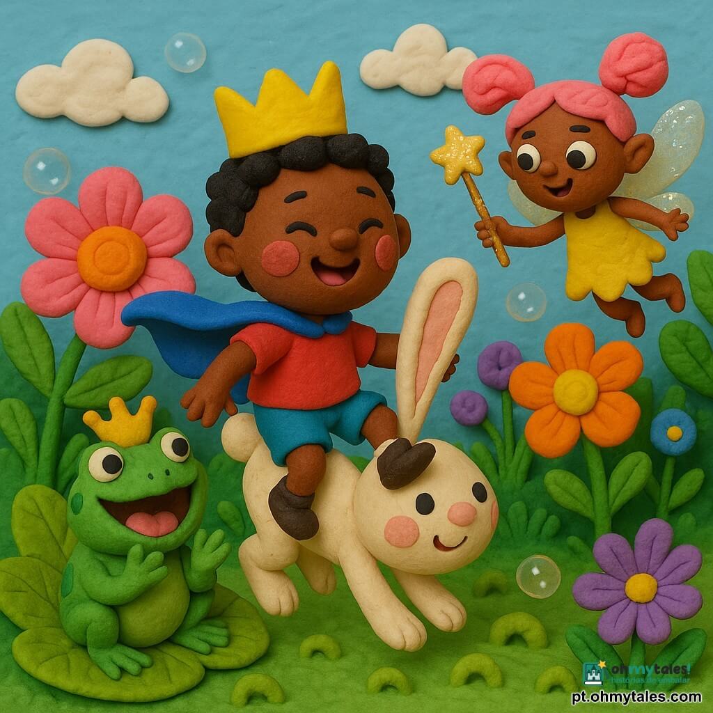 O príncipe é um menino de cerca de 4 anos, pequeno e rechonchudo, sorridente com bochechas rosadas, capa azul vivo e coroa amarela, rindo e pulando com novas orelhas de coelho creme; a fada Fifi é uma criatura pequena com asas translúcidas brilhantes e cabelo rosa em maria-chiquinhas, flutuando à direita e agitando uma varinha cintilante com ar malicioso; o Rei Sapo é uma rã verde com pequena coroa dourada, sentado à esquerda numa folha gigante, aplaudindo e coaxando; o jardim encantado tem flores enormes tipo massa de modelar em cores saturadas, relva texturada em laços, nuvens brancas ao fundo e bolhas de sabão translúcidas; cena com o príncipe no centro a saltar, a fada acima rindo e o Rei Sapo à esquerda soprando bolhas, atmosfera colorida, divertida, tátil e muito luminosa.
