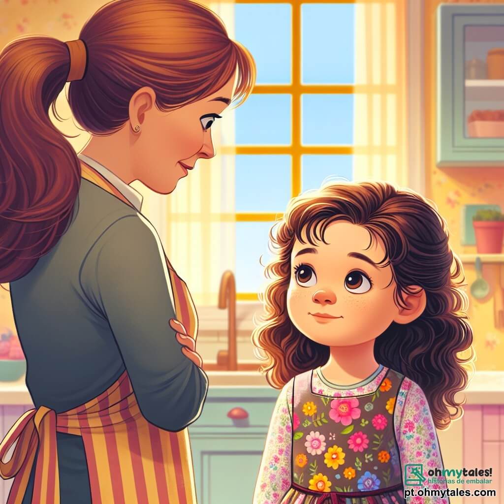 Uma menina de 6 anos, chamada Marta, com cabelos castanhos e cacheados, está no meio de uma sala iluminada, seu rosto expressando leve preocupação e determinação. Ela usa um vestido colorido com flores e olha para sua mãe com olhos cheios de sinceridade, pronta para confessar sua mentira. Sua mãe, uma mulher na casa dos trinta anos, tem cabelos longos e lisos, presos em um rabo de cavalo. Ela usa um avental e está perto da cozinha, com um sorriso suave no rosto, pronta para ouvir sua filha. A cena se passa em uma cozinha acolhedora, com paredes pintadas de amarelo pastel, uma grande janela deixando entrar a luz do sol, e brinquedos espalhados pelo chão, testemunhando a tarde de brincadeiras de Marta. Marta, com um ar sério, está prestes a confessar à mãe que escondeu brinquedos debaixo da cama em vez de guardá-los, ilustrando o momento chave da história sobre a importância da verdade.