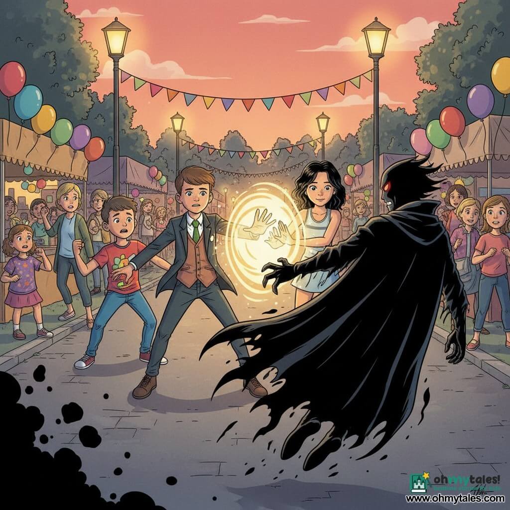 Main character: Sako, about 12, determined bright face, short chestnut hair, modern superhero outfit, projecting a golden light wave from his hands forward; Secondary: Jason, about 12, brave enthusiastic expression, colorful t-shirt and jeans, left of Sako with fist raised; Secondary: Yorrichi, about 12, confident focused smile, wavy black hair, sporty dress, right of Sako joining her hands to the light to strengthen it; Antagonist: Dark Phantom, dark floating silhouette in a tattered black coat with glowing red eyes, recoiling under the light with swirling shadow aura; Setting: neighborhood park at dusk during a community fair with colorful stalls, balloons, banners, benches, startled families and lit lampposts under an orange-pink sky; Main situation: heroic confrontation in the middle of the festival, warm vibrant light pushing back black shadow, emotions of determination, solidarity and child-appropriate dramatic tension; Art style: clean lines, saturated colors, soft shadows, dynamic foreshortened composition centered on Sako and the light wave.