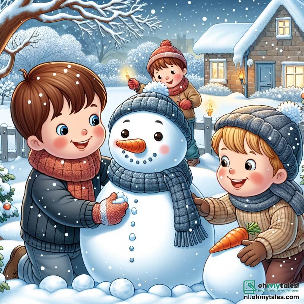 In een besneeuwde tuin zijn drie kinderen vrolijk bezig. Sam, een jongen van 7 jaar met bruin haar en roze wangen, rolt een grote sneeuwbal voor het lichaam van hun sneeuwvriend. Naast hem plaatst Tom, een 8-jarige jongen met blond haar en ronde bril, steentjes voor de ogen van de sneeuwman. Max, een 6-jarige jongen met kastanjebruin haar en een stralende glimlach, houdt een wortel vast die hij als neus gaat gebruiken. De tuin is bedekt met een dikke laag glinsterende sneeuw, met kale bomen waarvan de takken vol sneeuwvlokken hangen. Op de achtergrond is een warm verlichte huis te zien, met rook die uit de schoorsteen komt. De kinderen bouwen een grote en blije sneeuwman, gekleed in een kleurrijke sjaal en een oude hoed, terwijl ze lachen en plezier hebben onder een grijze lucht vol vallende sneeuwvlokken.