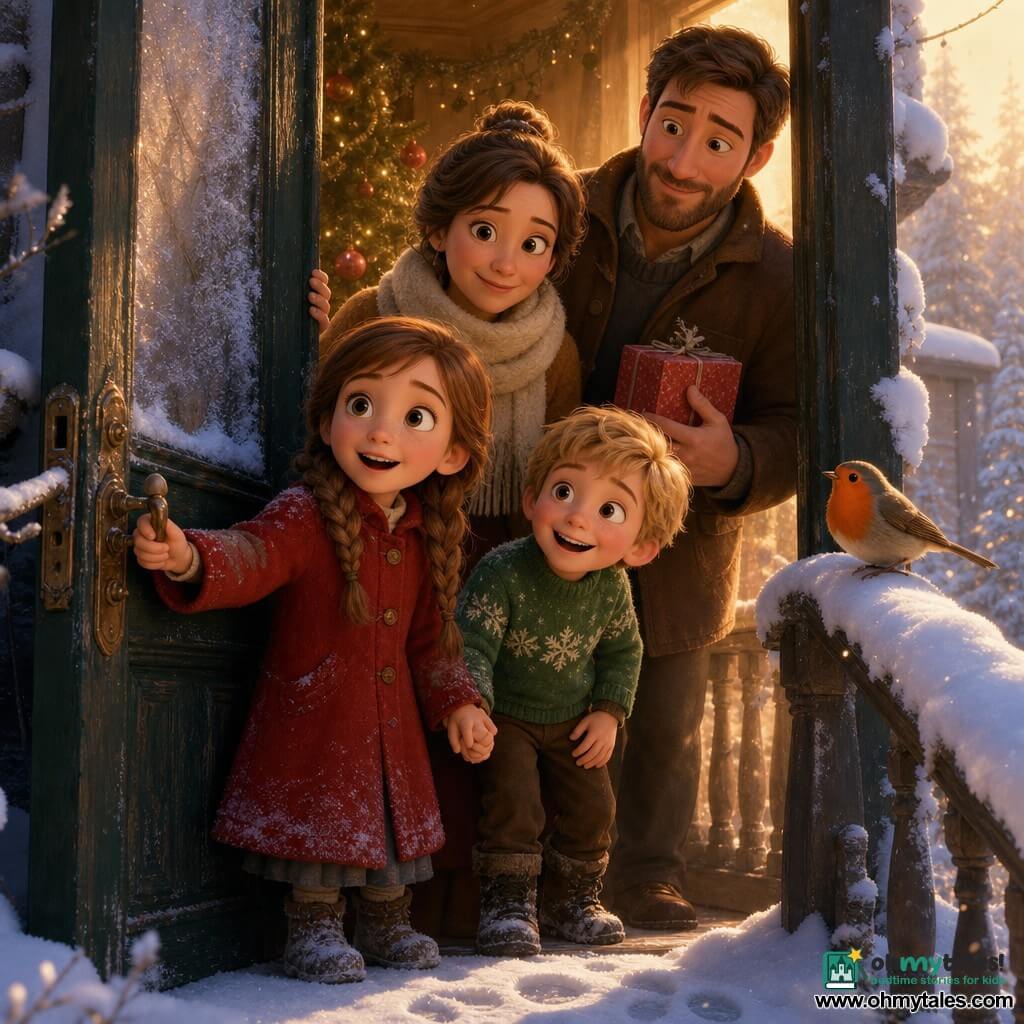 Four characters: Anna, girl, 8, dark chestnut hair in loose braids, big bright eyes, thick red coat, standing left of the door with her hand on the handle, looking outside in wonder; Oliver, boy, 6, tousled blond hair, rosy cheeks, green sweater with snowflake pattern, standing just right of Anna, holding her hand and smiling, leaning slightly toward the outside; Mother, ~35, brown hair in a bun, cream scarf and warm dress, standing behind the children to the left with arms ready to embrace and a gentle expression; Father, ~36, short beard, brown jacket, standing behind the children to the right holding a small red gift box, smiling warmly at them. Setting: a snowy porch in front of an old fir-green painted wooden door with a frosted transom and a patinated brass knocker; an illuminated Christmas tree with gold garlands and small red apples is visible inside near the door; thick snow on roofs and railing with sparkling crystals and a few fresh footprints; a bright-orange robin perched on the railing. Main situation: the door is ajar to a golden morning light flooding the porch, creating a warm/cold contrast; the children pause on the threshold in wonder while the parents stand protectively around them; a calm, magical Christmas atmosphere with light white smoke in the air, glints on the snow crystals, and distant jingling bells.