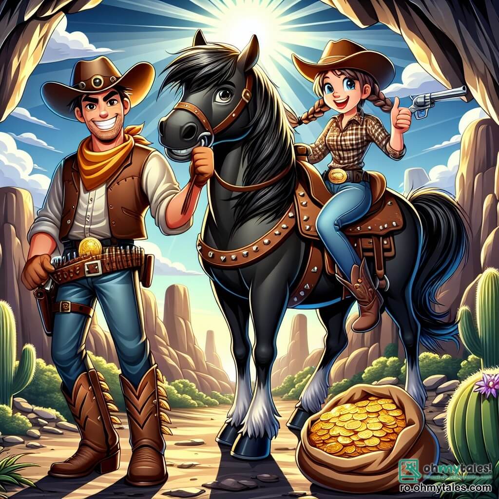 Un cowboy pe nume Jake, un bărbat de aproximativ 30 de ani, cu fața bronzată și zâmbitoare, poartă o pălărie mare de cowboy, o jachetă din piele maro și cizme împodobite cu pinteni. El ține în brațe un sac de aur, având o expresie de mândrie și excitație pe chip. Lângă el se află Sally, o cowgirl de 25 de ani, cu părul lung, brunet și împletit, purtând o pălărie de cowboy și o cămașă cu carouri. Ea zâmbește bucuros, ridicând degetul mare în semn de victorie. Calul lor credincios, Fulger, un mustang negru superb cu ochi strălucitori, stă lângă ei, cu o coamă fluturând în vânt. Scena are loc la intrarea unei peșteri întunecate, înconjurată de mari formațiuni de rocă și cactuși, sub un cer albastru strălucitor. Lumina soarelui iluminează scena, creând un contrast între umbra peșterii și căldura zilei. Jake și Sally tocmai au recuperat un sac de aur furat de la bandiți, sărbătorind victoria lor după o aventură palpitantă, pregătiți să se întoarcă în sat ca eroi.