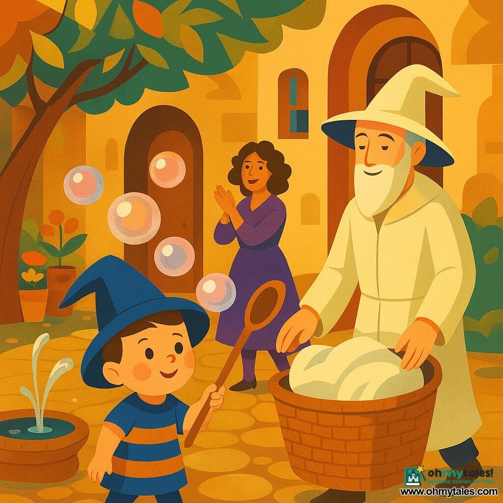 A three-year-old apprentice wizard with a round face and rosy cheeks wears a drooping blue hat and short striped robe, watching in awe and concentration as he mischievously guides a parade of shiny translucent bubbles with pink and silver highlights using a large wooden spoon like a flag; beside him walks Wizard Mallow, about 45, with a gentle beard and cream coat, smiling reassuringly with his hand near a wicker laundry basket of fluffy towels, while a thirty-year-old witch with curly hair and purple socks applauds by the kitchen door in a calm sunlit courtyard with round cobbles, a small fountain, colorful flower pots, and golden sunbeams filtering through leaves, the bubbles floating in cadence toward the basket as if it were a cozy bed in a playful, warm scene with bright colors, round shapes, and soft textures.