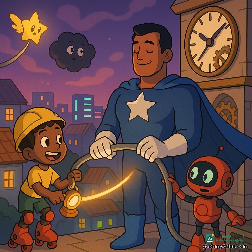Um homem alto e musculoso, Capitão Cometa, sorridente e sereno, com capa azul e estrela prateada no peito, segura um cabo luminoso com luvas enquanto conserta a torre; à gauche do herói, um garoto de ~9 anos, Tico, com capacete amarelo e patins a jato vermelhos, sorri e aponta uma lanterna para o cabo; à direita, um pequeno robô vermelho, Bibo, de forma arredondada e olhos verdes brilhantes, bipando e tocando um painel; acima, um drone dourado em forma de estrela, Luma, projeta um feixe quente sobre o cabo; um pequeno nuvem escura e fofa, Monstro de Sombra, flutua timidamente perto do cabo. Cena no topo de uma torre de relógio redonda com engrenagens visíveis, telhados brilhantes e prédios néon ao fundo, céu crepuscular violeta. Ação principal: reparo colaborativo do cabo luminoso para reativar a cidade, gestos calmos, luzes néon voltando, atmosfera cálida e otimista.