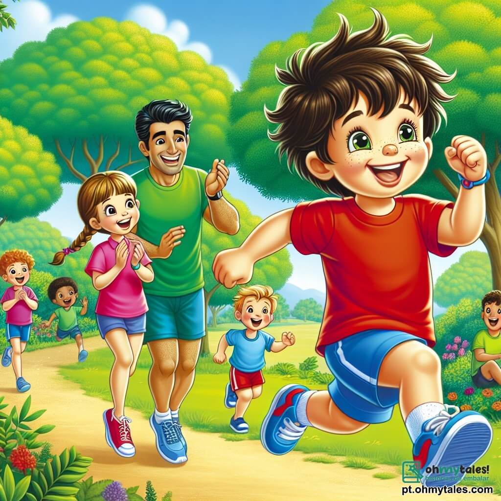 Um menino de 4 anos chamado Miguel, com cabelos castanhos bagunçados e um grande sorriso, corre alegremente em um parque verdejante, suas pequenas pernas se agitando com entusiasmo. Ele usa uma camiseta vermelha vibrante e um short azul, e seu rosto expressa grande alegria e determinação. Ao lado dele, Carlos, um homem adulto atlético e sorridente, com cabelos negros e uma roupa de esporte colorida, o incentiva correndo ao seu lado, fazendo um gesto amigável com o polegar para cima. Mais adiante, Ana, uma menina de 5 anos com cabelos loiros trançados e um vestido rosa, aplaude entusiasticamente, enquanto Pedro, um menino de 5 anos com cabelos castanhos e uma camiseta verde, se junta a eles correndo, rindo e se divertindo. O parque está cheio de verde, com árvores majestosas, flores coloridas e um céu azul brilhante. A cena principal mostra Miguel e Carlos correndo, Miguel rindo alto, enquanto seus amigos o incentivam, criando uma atmosfera de camaradagem e alegria, onde o espírito de equipe e a diversão do esporte são celebrados.