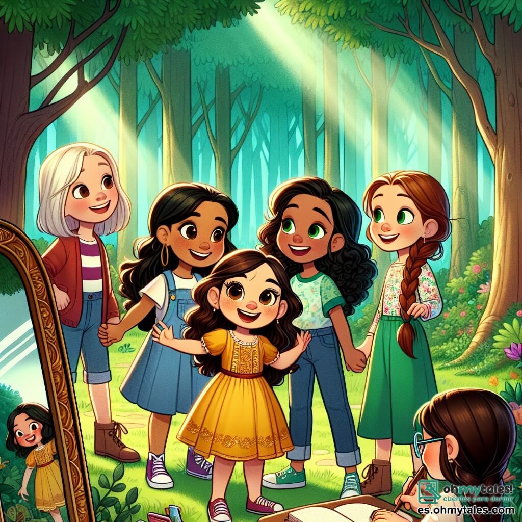 En un claro de un bosque mágico, cinco amigas están juntas. Valeria, una niña de 10 años con cabello rizado y castaño, lleva un vestido amarillo brillante y sonríe con entusiasmo. Junto a ella, Sofía, una niña de 9 años con cabello largo y negro, vestida con una camiseta azul y shorts de mezclilla, mira el cielo con curiosidad. Lucía, una niña de 10 años con cabello lacio y castaño, vestida con una camisa de flores, toma notas en una pequeña libreta. Martina, una niña de 9 años con gafas y cabello lacio, lleva un suéter rojo y parece un poco nerviosa, pero decidida. Finalmente, Clara, una niña de 10 años con trenzas y un vestido verde, toma la mano de Valeria, mostrando una gran sonrisa. El lugar es un claro verde, rodeado de grandes árboles con troncos gruesos y hojas de un verde brillante, con rayos de sol filtrándose a través del follaje, creando patrones luminosos en el suelo. En el centro, un gran espejo antiguo, enmarcado con hiedra, refleja los rostros de las amigas, mientras una suave brisa hace bailar las hojas a su alrededor. La situación principal muestra a las cinco amigas frente al espejo, con sus rostros iluminados por la luz dorada del sol, mientras se miran y comparten sus miedos y sueños, aprendiendo juntas que la verdad y la fuerza residen en su amistad.