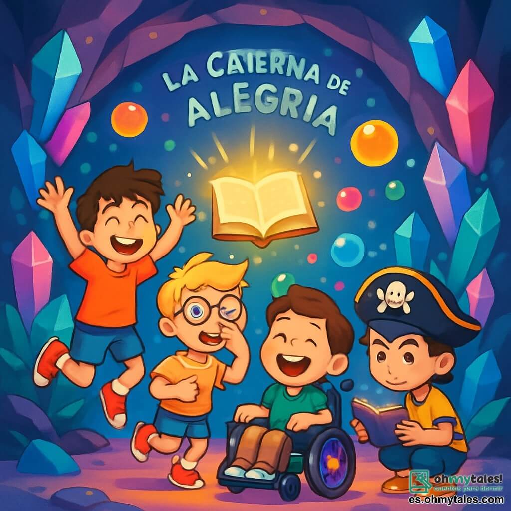 Hay 4 niños: Aitor, un chico de 10 años con cabello castaño desordenado y ojos llenos de imaginación, que salta de alegría con los brazos en alto; Pablo, un niño de 10 años con cabello rubio y gafas redondas, que hace una mueca cómica mientras se sostiene en un pie; Lucas, un niño de 10 años con cabello castaño y una mirada amable, que ríe en su silla de ruedas decorada con pegatinas coloridas; y Nacho, un niño de 10 años con cabello negro y una gorra de pirata, que está agachado sosteniendo un pequeño libro mágico con una expresión concentrada. Los niños están en el centro de la Caverna de la Alegría, un lugar mágico lleno de luces brillantes y colores vivos, con paredes adornadas de cristales que reflejan tonos de azul, rosa y verde. En el centro, un gran libro flotante emite un resplandor dorado, rodeado de burbujas de gelatina multicolores que flotan en el aire. La escena principal muestra a los niños descubriendo el Hechizo Perdido, maravillados y riendo, mientras burbujas de gelatina colorida flotan a su alrededor, creando una atmósfera alegre y mágica.