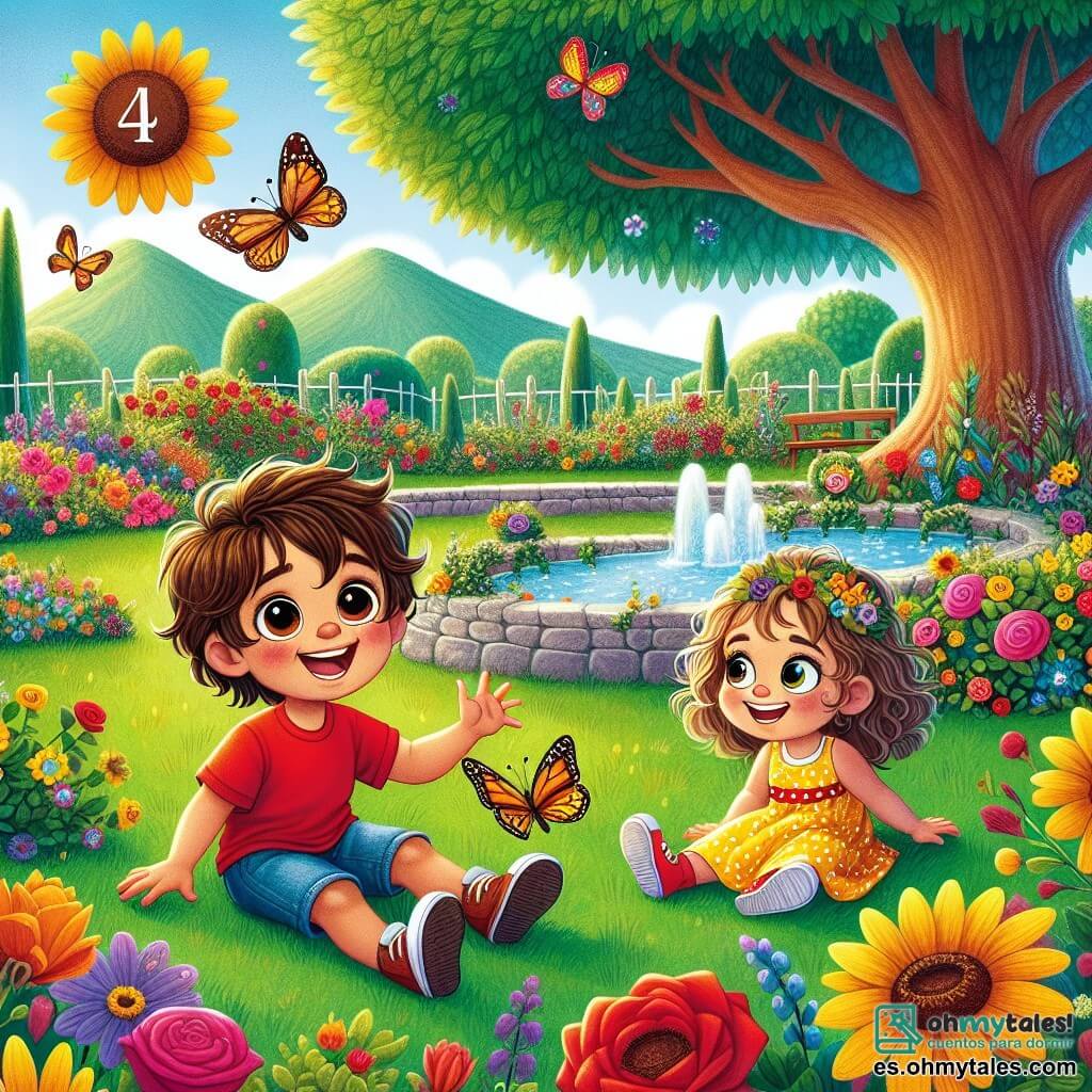 Un niño de 4 años, Tomás, con cabello castaño despeinado y grandes ojos curiosos, sonríe alegremente mientras juega en un jardín soleado. Lleva una camiseta roja brillante y un pantalón corto de mezclilla, y está sentado en la hierba verde, rodeado de flores coloridas. A su lado está Sara, una niña de 4 años con cabello rizado y ojos brillantes, vestida con un vestido amarillo con lunares. También sonríe, sosteniendo una mariposa multicolor en su mano. El jardín está lleno de flores vibrantes como rosas, girasoles y violetas, y un gran árbol majestuoso se alza en el centro, ofreciendo sombra. Una pequeña fuente de piedra murmura suavemente, añadiendo un toque de magia al lugar. La escena principal muestra a Tomás y Sara explorando su jardín, imaginando montañas y ríos, riendo y compartiendo sus sueños de aventuras en países lejanos.