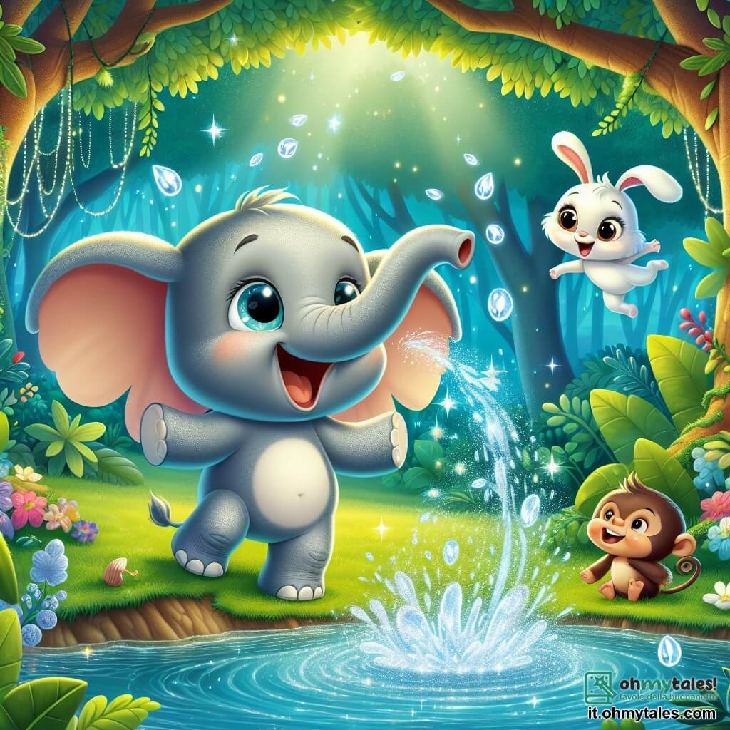Un elefante gioioso di nome Elio, con la pelle grigia morbida e grandi orecchie a forma di foglia, si trova in riva a un ruscello scintillante, con uno sguardo meravigliato e un grande sorriso sul volto. Gioca nell'acqua, schizzando gocce brillanti attorno a sé. Accanto a lui, una piccola scimmietta di nome Sara, con il pelo marrone e occhi scintillanti, si arrampica su un ramo basso, ridendo e agitando le sue piccole zampe. Un coniglietto di nome Lillo, con il pelo bianco e orecchie lunghe, osserva Elio con curiosità, seduto sull'erba verde proprio di fronte a lui. Il luogo è una foresta incantata, piena di alberi maestosi con foglie dai colori vivaci e fiori multicolori che danzano al vento. La scena principale mostra Elio che si diverte a giocare nell'acqua, circondato dai suoi amici, celebrando la gioia dell'amicizia e dell'avventura in un ambiente magico.