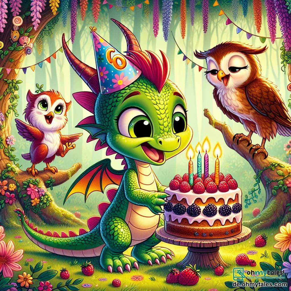 Der kleine Drache Flämmchen mit glänzenden grünen Schuppen und bunten Flügeln steht strahlend in der Mitte der Szene und lächelt glücklich. Er trägt einen kleinen Papierfeierhut und schaut bewundernd auf eine mit bunten Kerzen verzierte Beeren-Torte. Rechts von ihm sitzt die weise Eule Ella mit großen runden Augen und braunen Federn auf einem Ast und singt ein fröhliches Geburtstagslied. Links tanzt der freche Kobold Knöpfchen mit zerzausten Haaren und grüner Haut um die Torte und lacht, was der Feier einen Hauch von Verrücktheit verleiht. Die Szene spielt in einer verzauberten Lichtung des Zauberwaldes, umgeben von bunten Baumstämmen und leuchtenden Blumen. Girlanden aus Blättern und Blumen hängen von den Ästen und schaffen eine festliche, magische Atmosphäre. Flämmchen bläst die Kerzen seiner Geburtstagstorte aus, während alle gemeinsam singen und die Luft mit Lachen und Freude füllen, um einen unvergesslichen Moment der Freundschaft und des Glücks zu feiern.