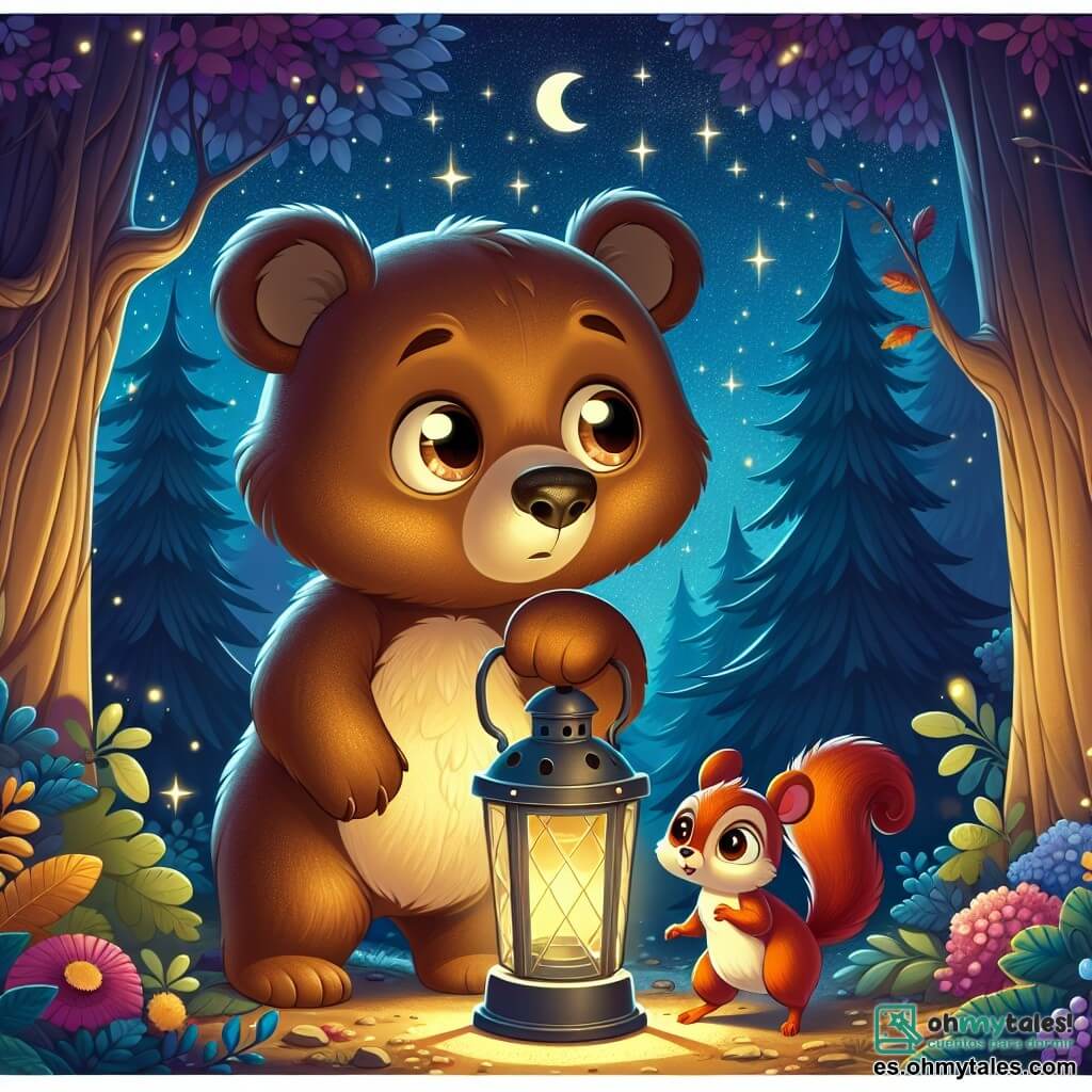 Un pequeño oso marrón, con ojos redondos y brillantes, se encuentra en el centro de la escena, sosteniendo una linterna que ilumina su rostro con una suave luz dorada. Parece curioso y un poco inquieto, con las orejas ligeramente erguidas, mirando a su alrededor con una expresión de asombro. A su lado, una pequeña ardilla de pelaje rojizo, con grandes ojos expresivos, parece tranquila y feliz, saltando sobre una rama de árbol, lista para explorar la noche. El decorado es un hermoso bosque nocturno, donde los majestuosos árboles se alzan bajo un cielo estrellado, iluminado por la luna. Flores coloridas y hojas brillantes añaden magia al entorno, mientras las sombras bailan a su alrededor. La situación principal muestra al oso y a la ardilla descubriendo la belleza de la noche, con la linterna proyectando sombras divertidas en el suelo, mientras comparten un momento de amistad y aventura, superando su miedo a la oscuridad.