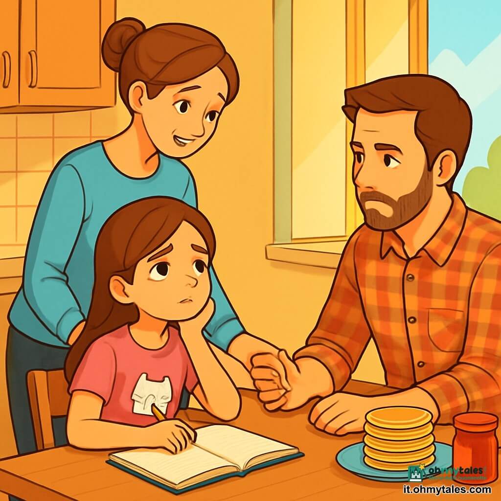 Ci sono 3 personaggi: Sofia, una ragazza di 10 anni con lunghi capelli castani e occhi marroni, indossa una maglietta rosa con un disegno di gatto e jeans blu. È seduta a un tavolo di legno, con un quaderno aperto davanti a lei, sembrando pensierosa. Mamma, una donna di circa 35 anni con capelli castani raccolti in un chignon, indossa un maglione azzurro chiaro e pantaloni neri. Sta in piedi accanto a Sofia, tenendole la mano con un sorriso dolce, cercando di rassicurarla. Papà, un uomo di 37 anni con capelli corti e una leggera barba, indossa una camicia a quadri e jeans. È seduto su una sedia di fronte a Sofia, osservandola attentamente con un'espressione seria ma affettuosa. L'ambiente è una cucina accogliente, con pareti giallo chiaro e una grande finestra che lascia entrare la luce del giorno. Sul tavolo ci sono piatti di pancake impilati e un barattolo di marmellata, creando un'atmosfera di colazione familiare. La situazione principale mostra Sofia, Mamma e Papà che discutono tranquillamente attorno al tavolo, con espressioni che mescolano tristezza e speranza. Sofia guarda il suo quaderno, mentre Mamma e Papà si scambiano sguardi comprensivi, illustrando il sostegno familiare nonostante la separazione.