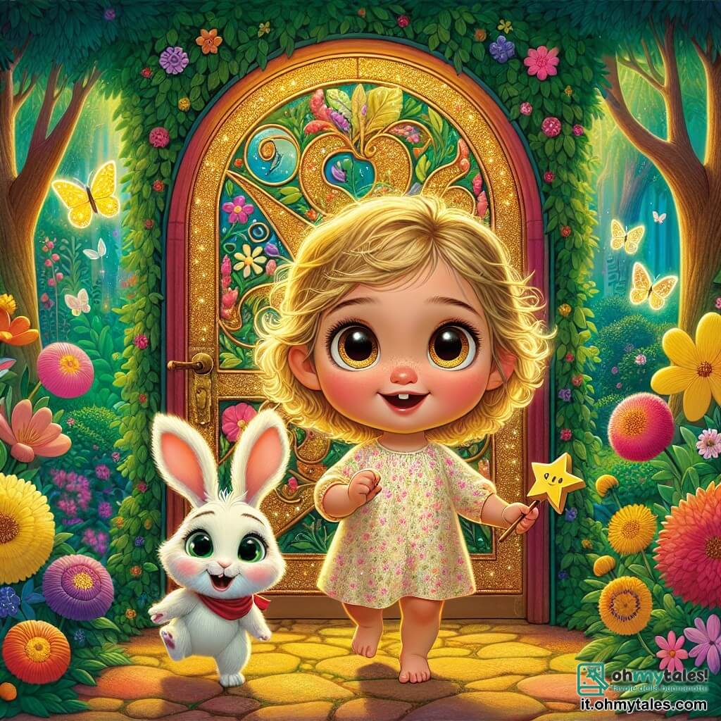 Una bambina di un anno, con grandi occhi brillanti e capelli ricci dorati, si trova davanti a una porta magica colorata, con un sorriso incantato sul viso. Indossa un vestito a fiori e tiene in mano una piccola stella di legno. Accanto a lei c'è un coniglietto di nome Bibo, con pelo bianco e grandi orecchie, che salta gioiosamente. Bibo ha un'espressione amichevole e indossa un piccolo fazzoletto rosso attorno al collo, guardando Lulù con entusiasmo. Lo sfondo è un giardino incantevole, pieno di fiori multicolori, grandi alberi con foglie verdi brillanti e farfalle scintillanti che volano intorno a loro. La porta magica è decorata con motivi dorati e scintillanti, emergendo da un cespuglio lussureggiante. La scena principale mostra Lulù e Bibo pronti a entrare nel mondo magico dietro la porta, pieni di eccitazione e attesa per l'avventura che li aspetta.