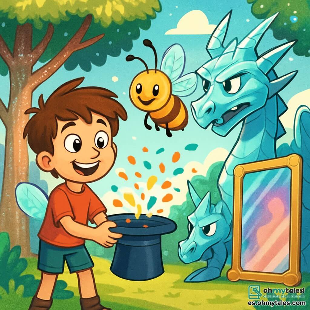Un niño de 10 años, Lucas, con el cabello castaño desordenado y ojos llenos de curiosidad, se encuentra en el centro de la imagen, sonriendo ampliamente mientras sostiene un sombrero de copa mágico del que sale una nube de confeti colorido. A su lado, una abeja gigante llamada Buzzy, con alas translúcidas brillantes y una expresión amigable, vuela alegremente a su alrededor, añadiendo un toque de magia a la escena. El fondo es el Bosque de los Espejos, un lugar encantador donde árboles con troncos brillantes se alzan, sus hojas resplandecen como cristales bajo el sol, y grandes espejos están dispersos, reflejando imágenes coloridas y fantásticas. La situación principal muestra a Lucas y a Buzzy preparándose para enfrentarse a un dragón de cristal que guarda un espejo mágico, con una expresión decidida en el rostro de Lucas, listo para demostrar su valentía contando un chiste para pasar.