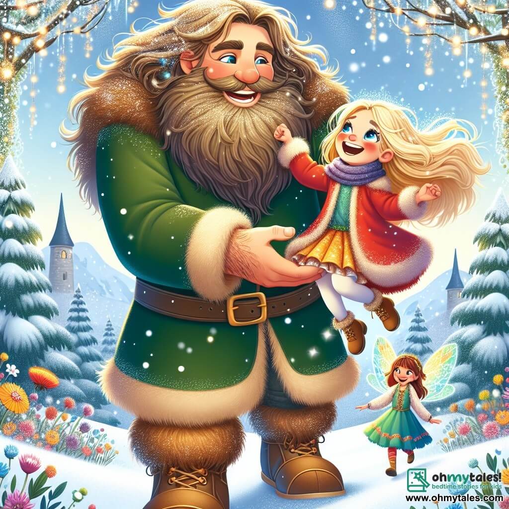 A friendly giant with a large curly beard and sparkling joyful eyes leans forward with a warm smile, surrounded by shimmering snowflakes. He wears a green velvet tunic and leather boots, holding a little girl in his arms, lifting her tenderly. The little girl, Lila, about 8 years old, has golden hair that shines like the sun and bright blue eyes. She wears a bright red coat and a wool scarf, joyfully laughing with her arms raised in victory. Next to them, a small fairy named Twinkle, with sparkling wings and a dress made of flower petals, flies around them laughing, adding a touch of magic to the scene. The setting is in an enchanted clearing at the foot of the mountains, where majestic trees are covered in sparkling snow and ice crystals shine under the sun. Colorful flowers peek through the snow, adding vibrant color to the landscape. The main scene shows the giant, Lila, and Twinkle celebrating their victory after finding the magical artifact, surrounded by warm light and a joyful atmosphere, symbolizing friendship and adventure.