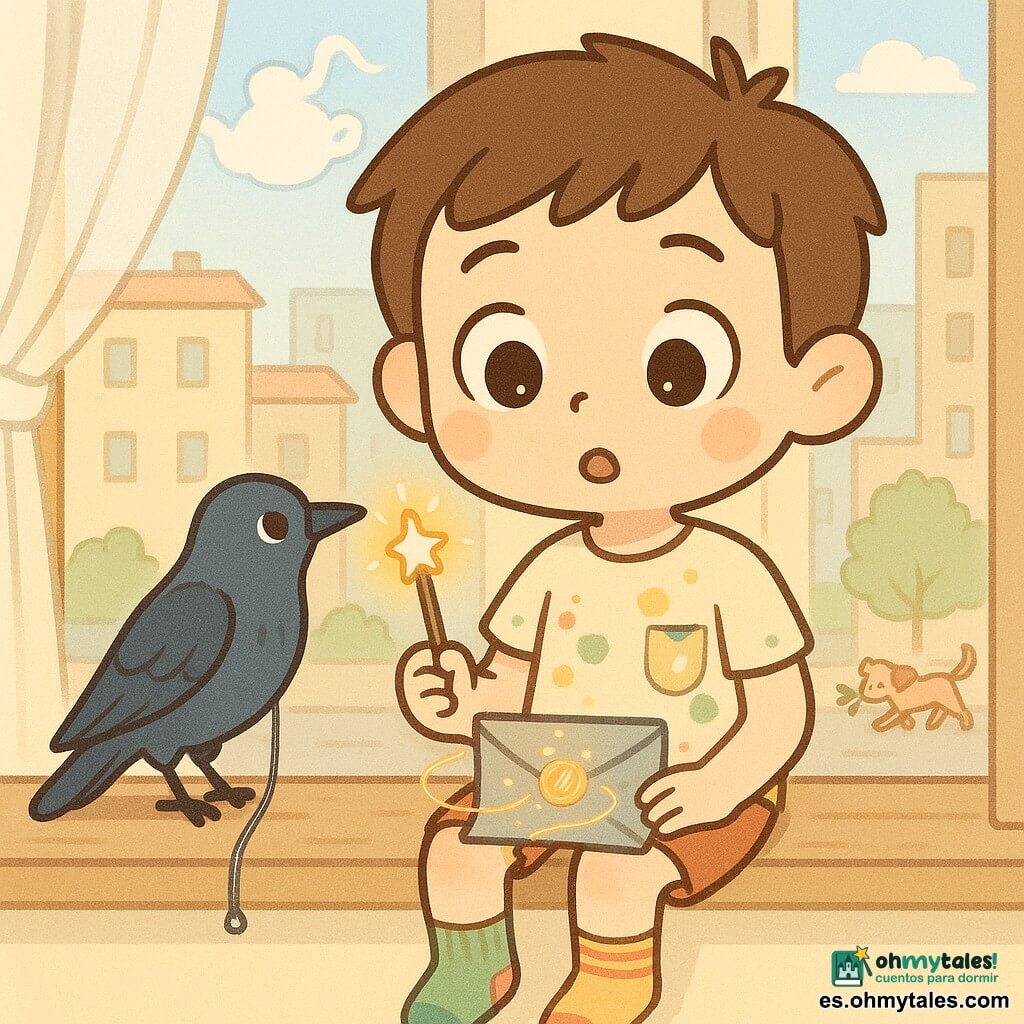 Un niño mago llamado Darío de 11 años, sorprendido y curioso, cejas levantadas y ojos grandes, sostiene un pequeño bastón luminoso en la mano derecha; lleva una camiseta manchada de pintura, calcetines desparejados y un bolsillo con una moneda brillante que vibra. Un cuervo pulido de plumas azul noche está en el alféizar izquierdo sujetando un cordón plateado y brillante con la mirada puesta en el niño. Amanecer en un apartamento urbano con alféizar de madera pintada, cortina ligera, edificios de fondo, una calle con un perro tirando de una rama y una nube con forma de tetera en el cielo. En el regazo de Darío hay una carta gris plateada abierta de la que salen finos hilos de luz como de oro que se enroscan por la habitación; atmósfera suave, colores pastel, luces cálidas, composición centrada en el niño y el cuervo.