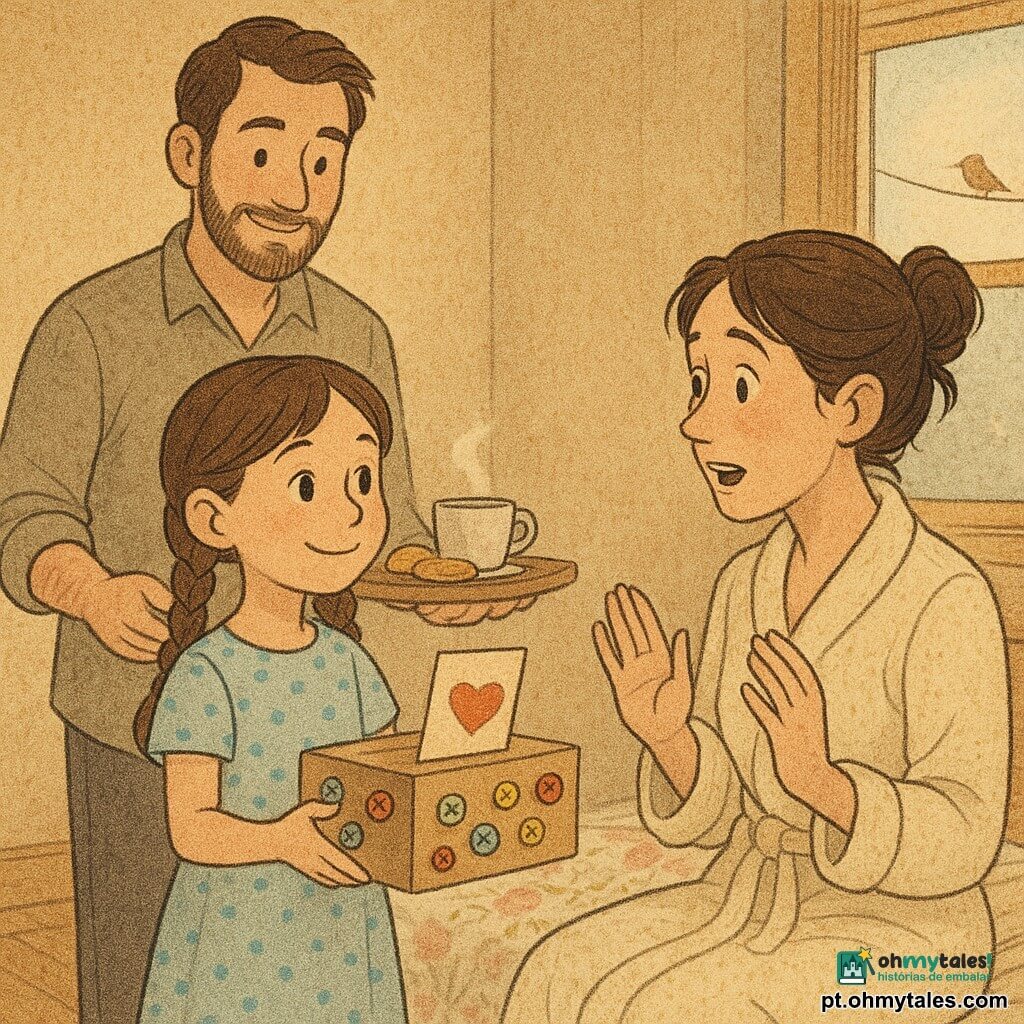 Uma menina de 8 anos, expressão doce e orgulhosa, duas tranças castanhas, vestido simples com bolinhas azul-claro, segurando uma caixa de sapatos decorada com botões e um cartão feito à mão, oferece o presente à mãe; a mãe, cerca de 35 anos, cabelo castanho preso num coque despenteado, robe creme, sentada na cama, surpresa e emocionada, pronta para receber; o pai, cerca de 38 anos, barba curta, camisa casual, em pé atrás da menina com uma bandeja contendo uma chávena de chá fumegante e dois pequenos bolos; quarto iluminado por uma luz matinal dourada, chão de madeira clara, colcha com flores em tons pastel, janela aberta com um vidro ligeiramente embaçado e um pássaro pousado num fio exterior; cena principal: surpresa do Dia das Mães, ambiente calmo, terno e acolhedor, composição centrada nos três personagens, cores quentes e texturas de jornal.