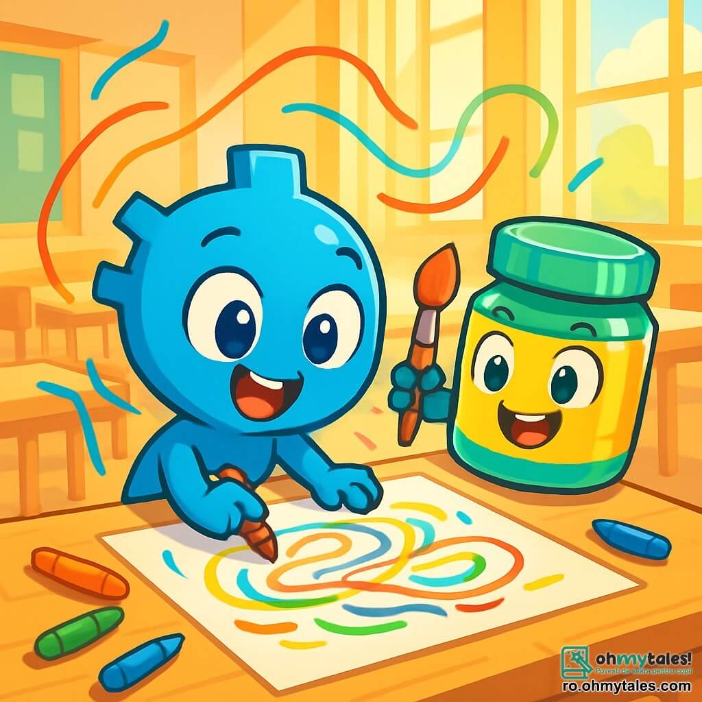 Pixulina, un pix bleu vif avec un corps lisse, se tient au centre, les yeux pétillants et un sourire large. Elle dessine avec enthousiasme sur une grande feuille blanche, entourée de lignes colorées. À sa droite, Acuarelus, un pot d'aquarelle rond, affiche des couleurs éclatantes de vert et de jaune, prêt à ajouter des touches de couleur. Le décor est une salle de loisirs lumineuse avec des tables en bois clair, des crayons de toutes les couleurs et des papiers éparpillés, baignée de lumière naturelle. Pixulina et Acuarelus collaborent joyeusement pour créer une magnifique illustration, rayonnant de bonheur et de camaraderie.