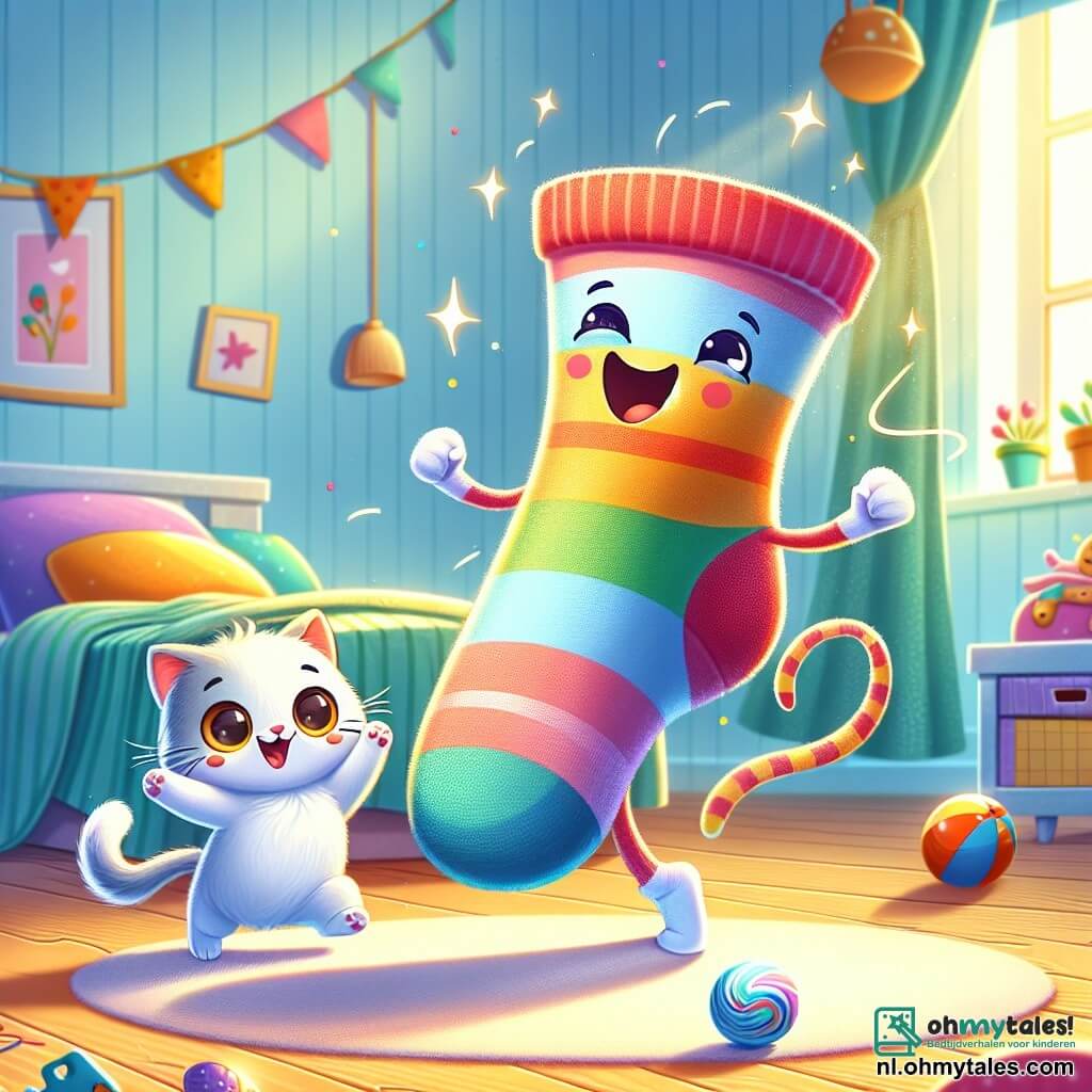 Een vrolijk klein figuurtje, een kleurrijke sok met regenboogstrepen en een grote glimlach, danst enthousiast op de vloer van een kamer. Zijn ogen stralen van blijdschap terwijl hij rolt en draait, wat een speelse en leuke sfeer creëert. Naast hem springt een schattige witte kat met ronde, nieuwsgierige ogen en een omhoog gestoken staart vrolijk, met zijn pootjes in de lucht, alsof hij mee wil dansen. Hij lijkt blij en speelt met een kleine glanzende bal die om hen heen rolt. De scène speelt zich af in een warme kamer, met pastelblauwe muren, speelgoed verspreid over de vloer en een knus bed met kleurrijke lakens. Zacht licht valt door een raam en creëert een magische en uitnodigende sfeer. In deze hoofdsetting hebben de sok en de kat plezier met samen dansen, gedreven door een mysterieuze bal die hen uitnodigt om te feesten, en de kamer vult met lachen en vreugde.